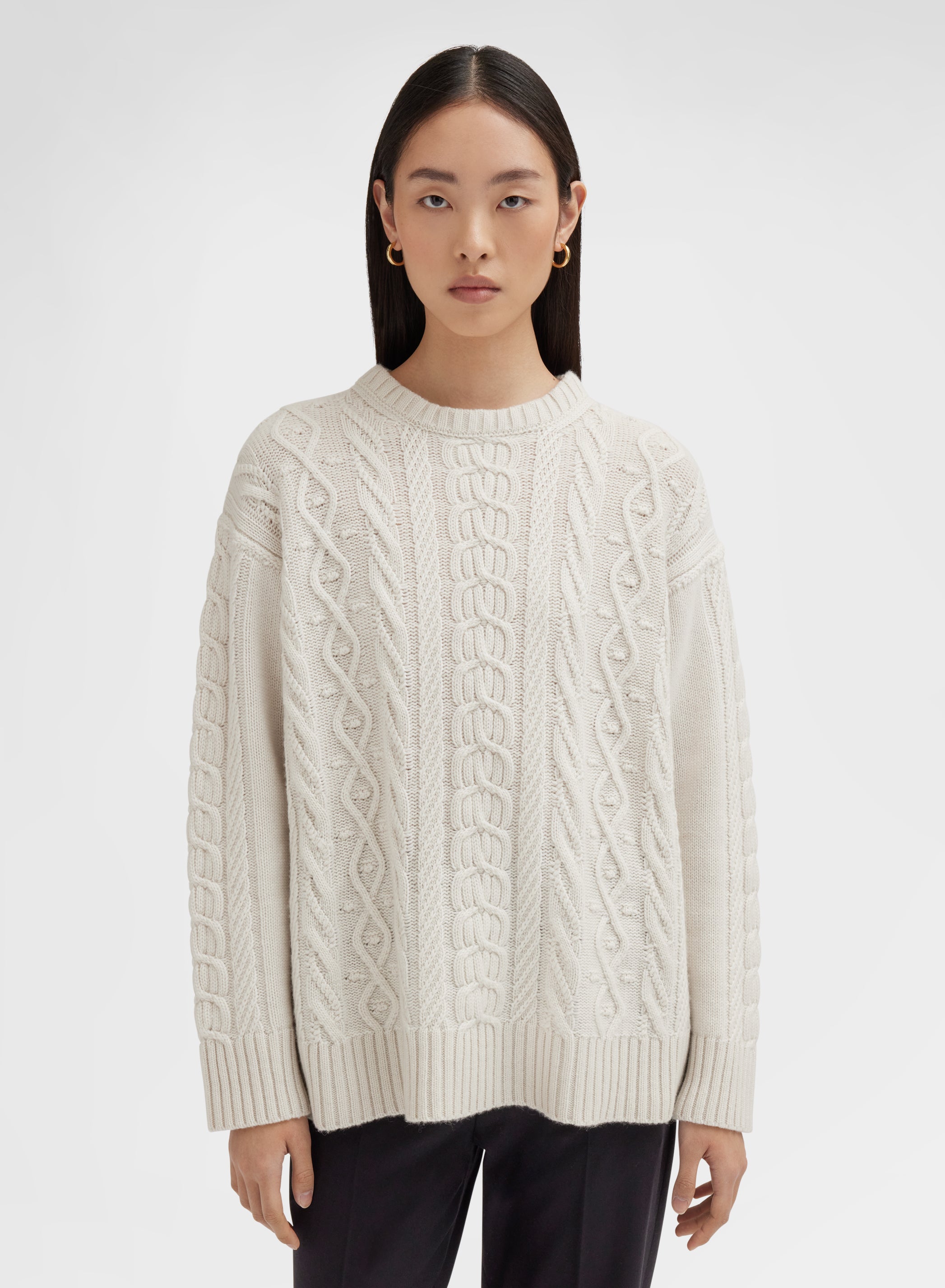 CREWNECK LONG SLEEVE CASHMERE PLAITS WHITE