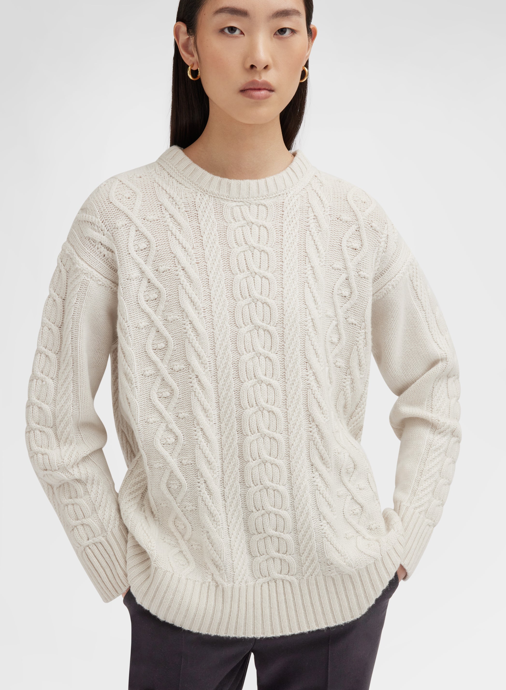 CREWNECK LONG SLEEVE CASHMERE PLAITS WHITE