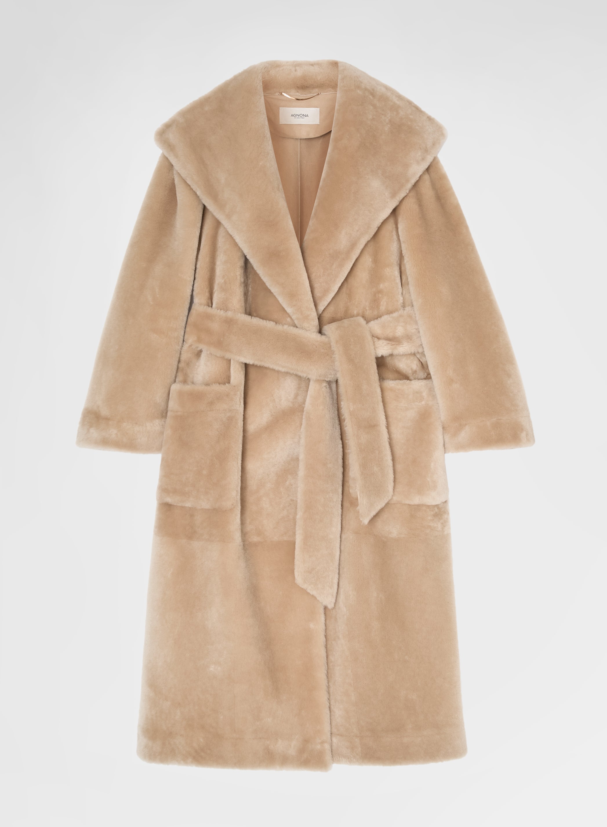 LONG COAT VELVET SHEARLING DARK CAMEL