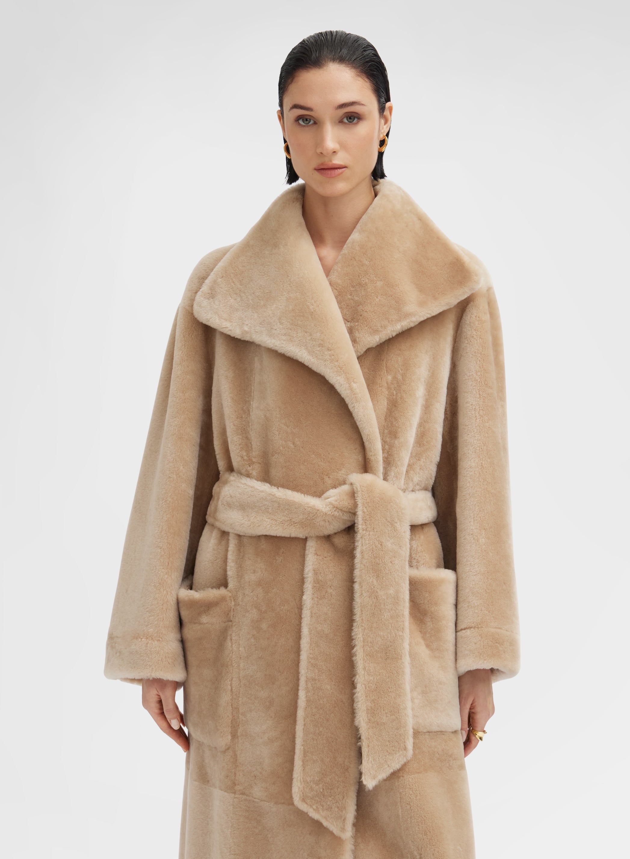 LONG COAT VELVET SHEARLING DARK CAMEL