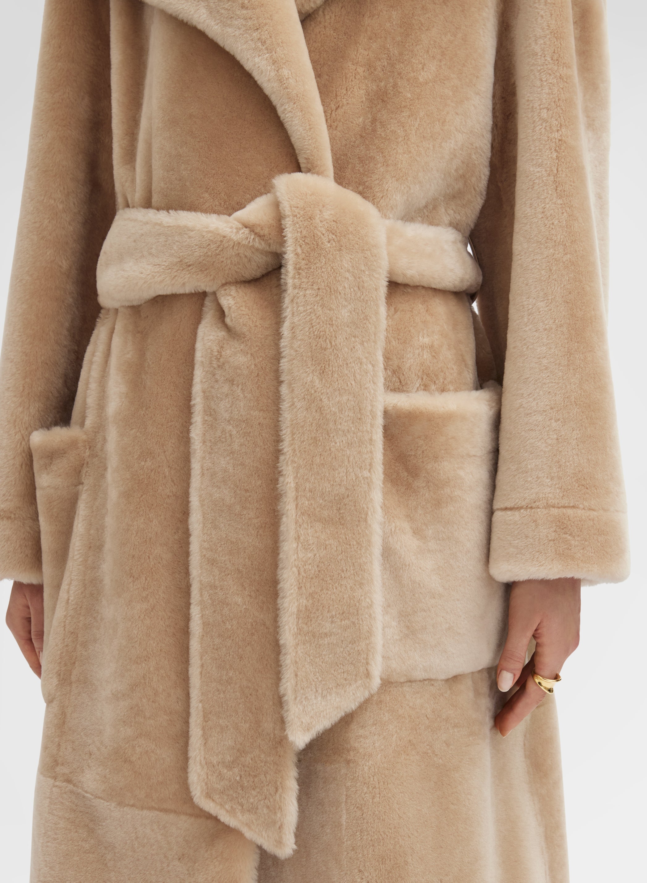 LONG COAT VELVET SHEARLING DARK CAMEL