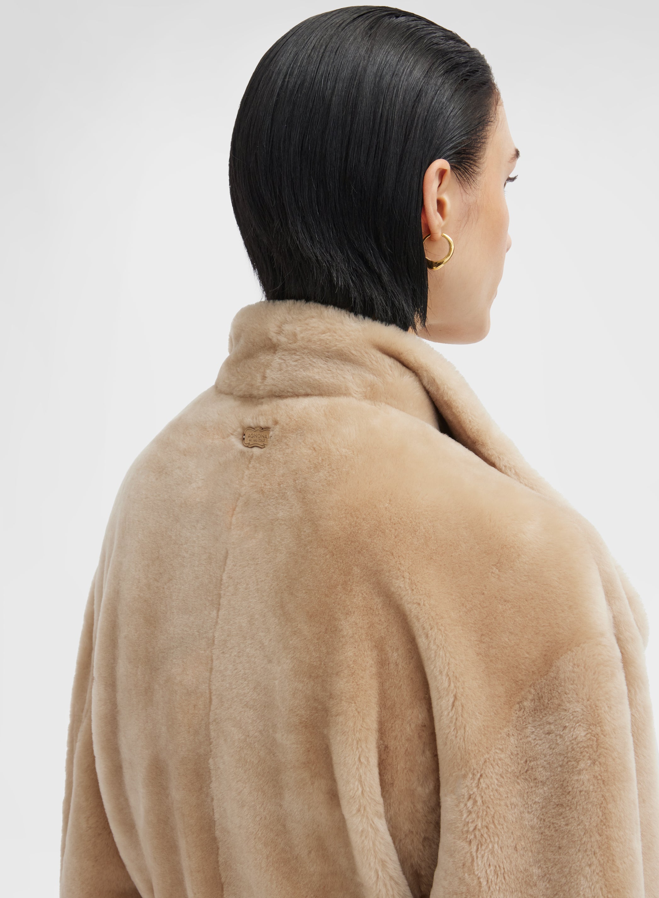 LONG COAT VELVET SHEARLING DARK CAMEL