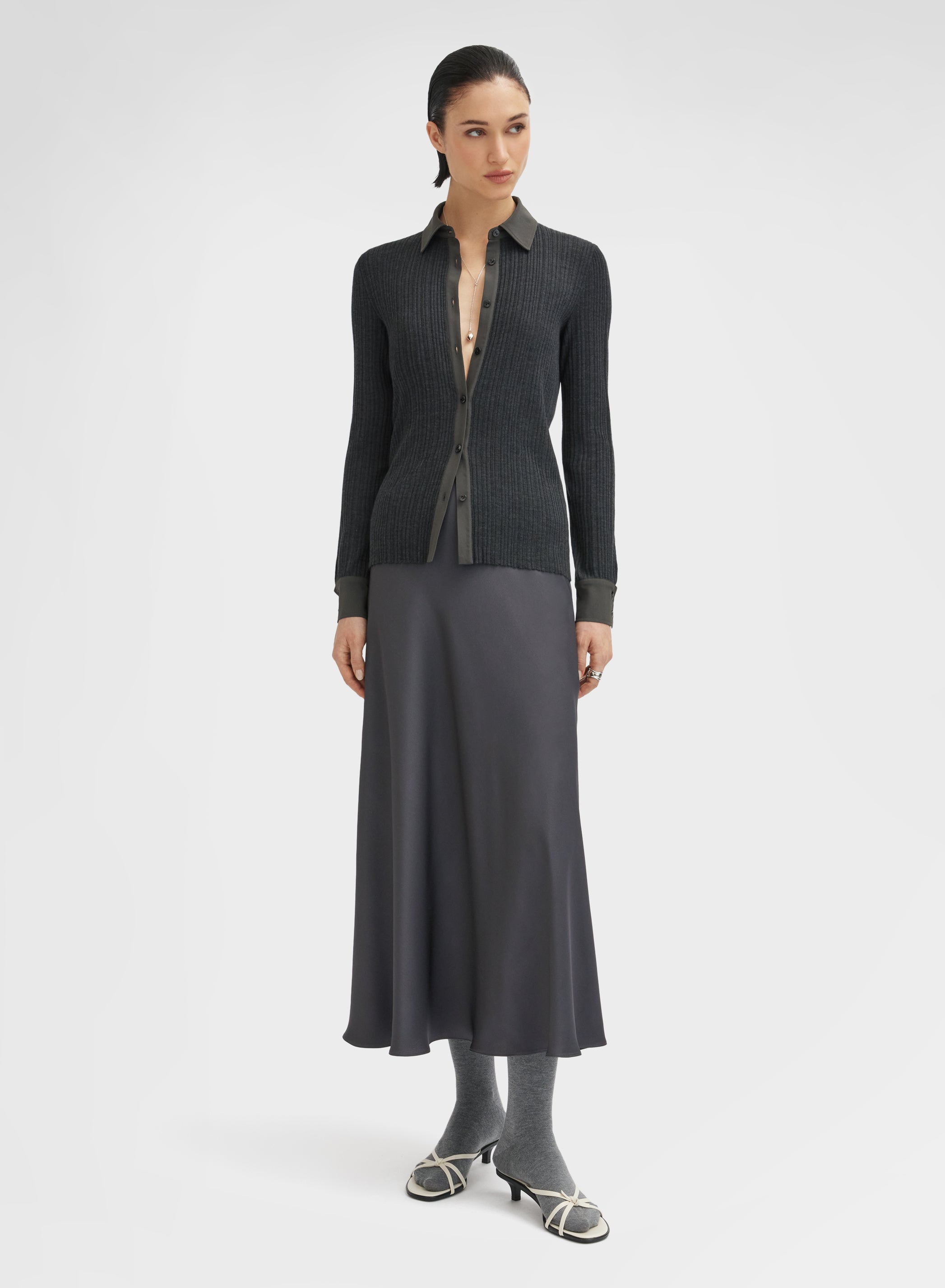 SILK BLEND SATIN SKIRT CHARCOAL