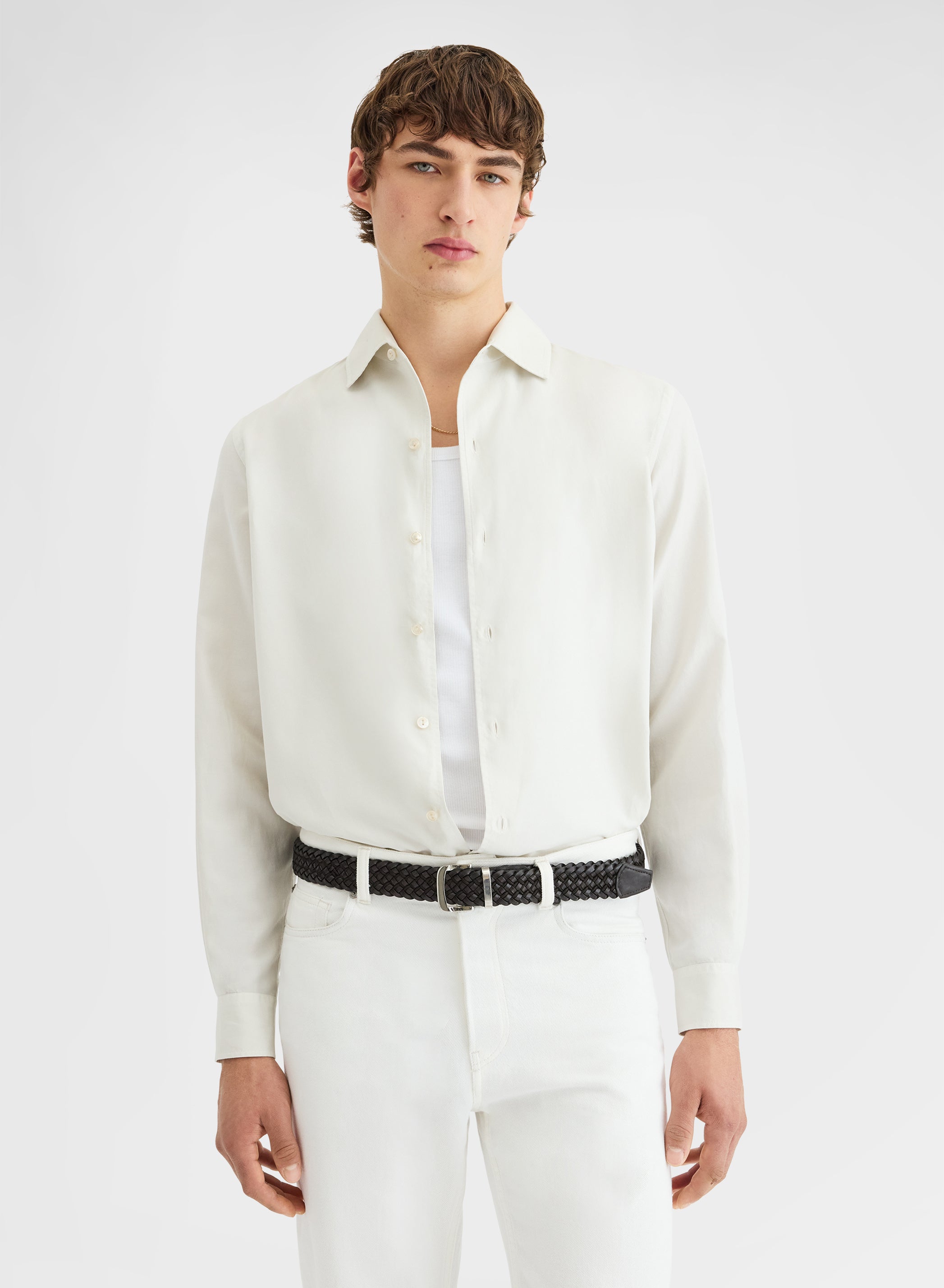 COTTON SILK SHIRT GARMENT DYED SHIRT STONE