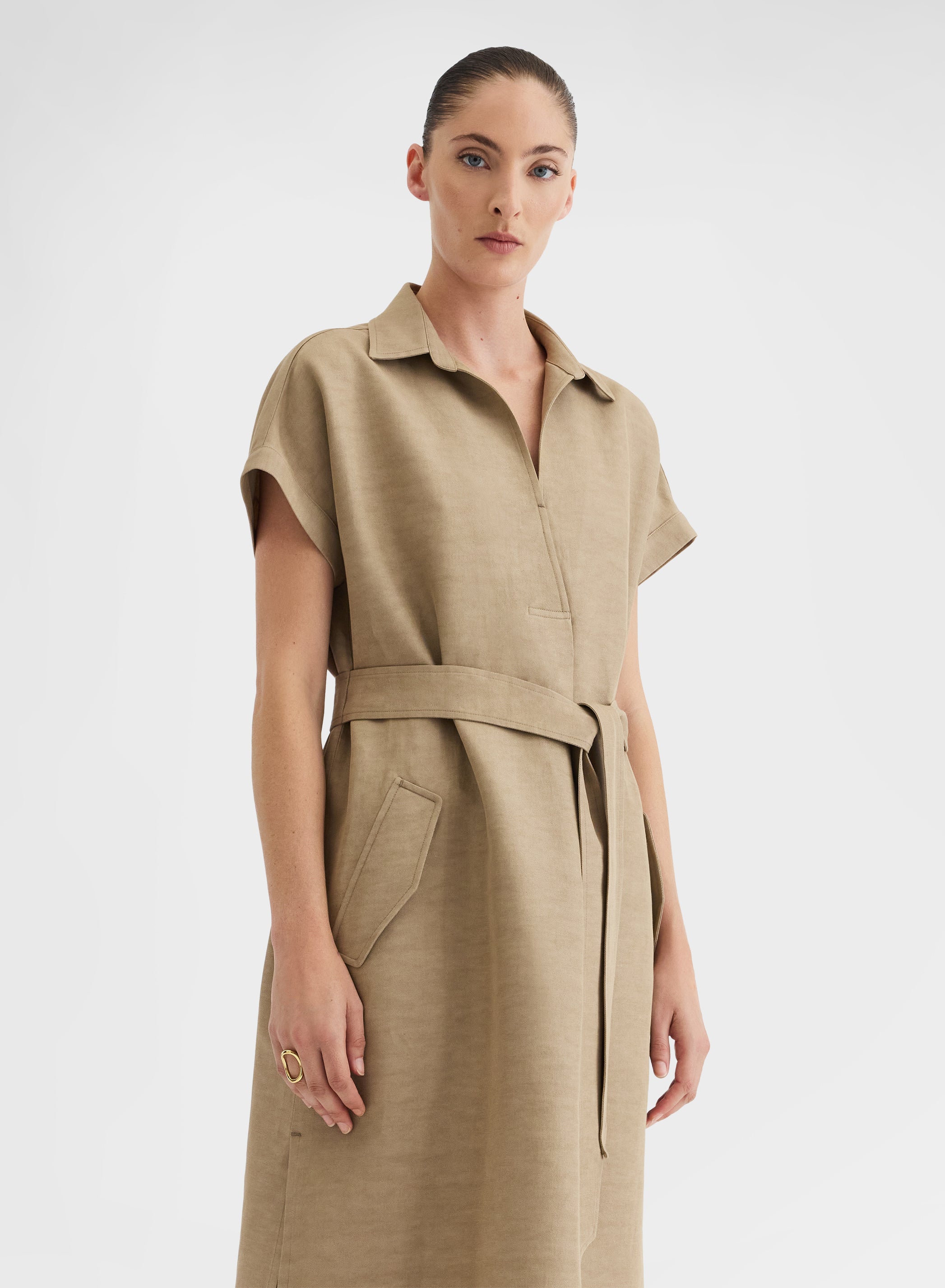 COTTON BLEND TWILL DRESS KHAKI