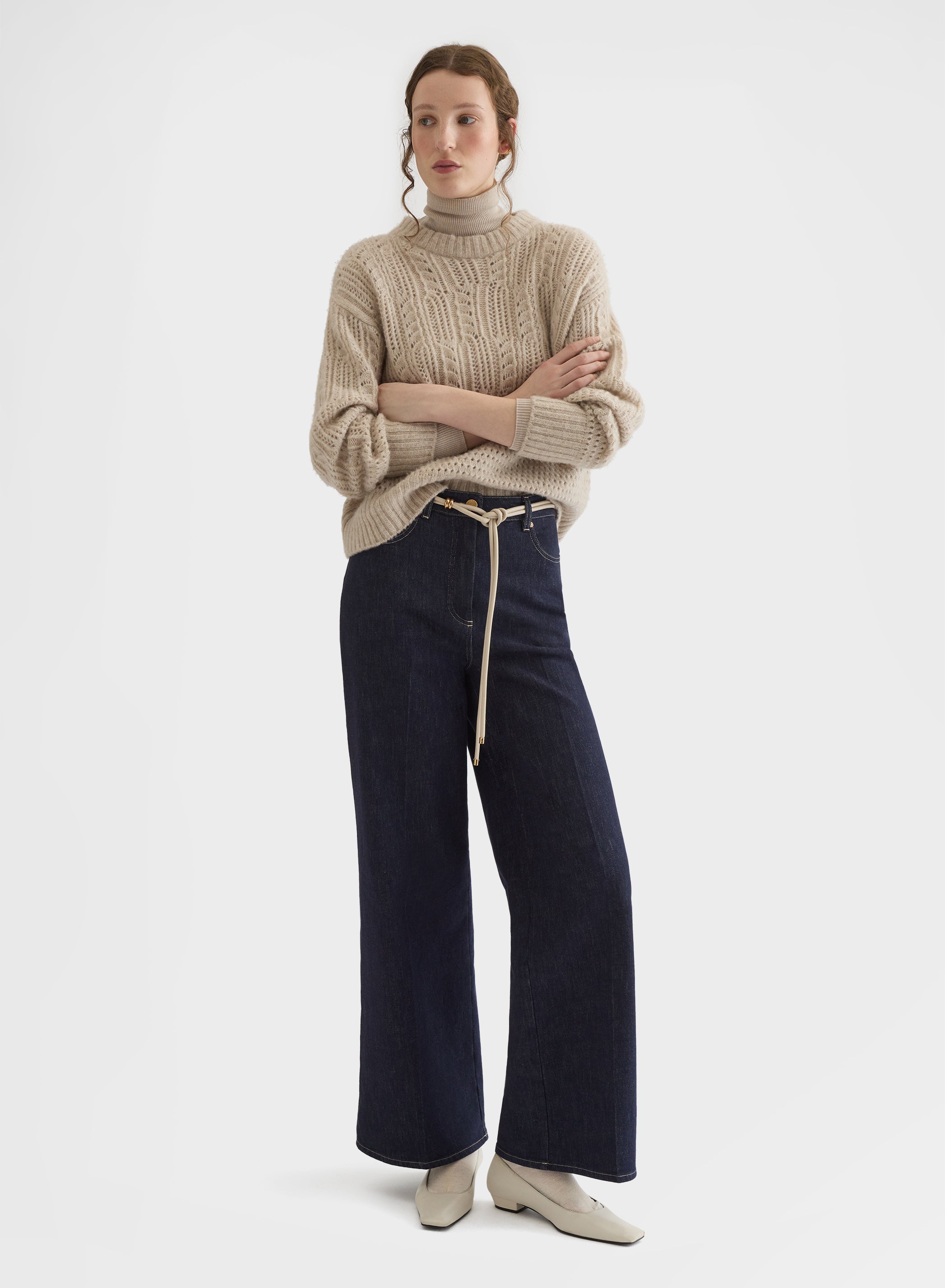 OPENWORK CASHMERE SILK CREWNECK LIGHT GREIGE