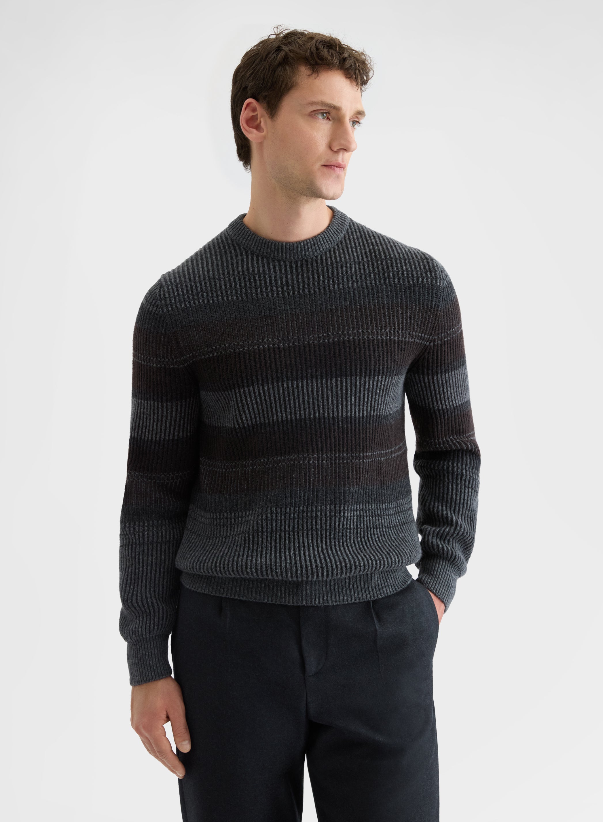 CASHMERE BICOLOUR RIB CREWNECK MEDIUM GREY