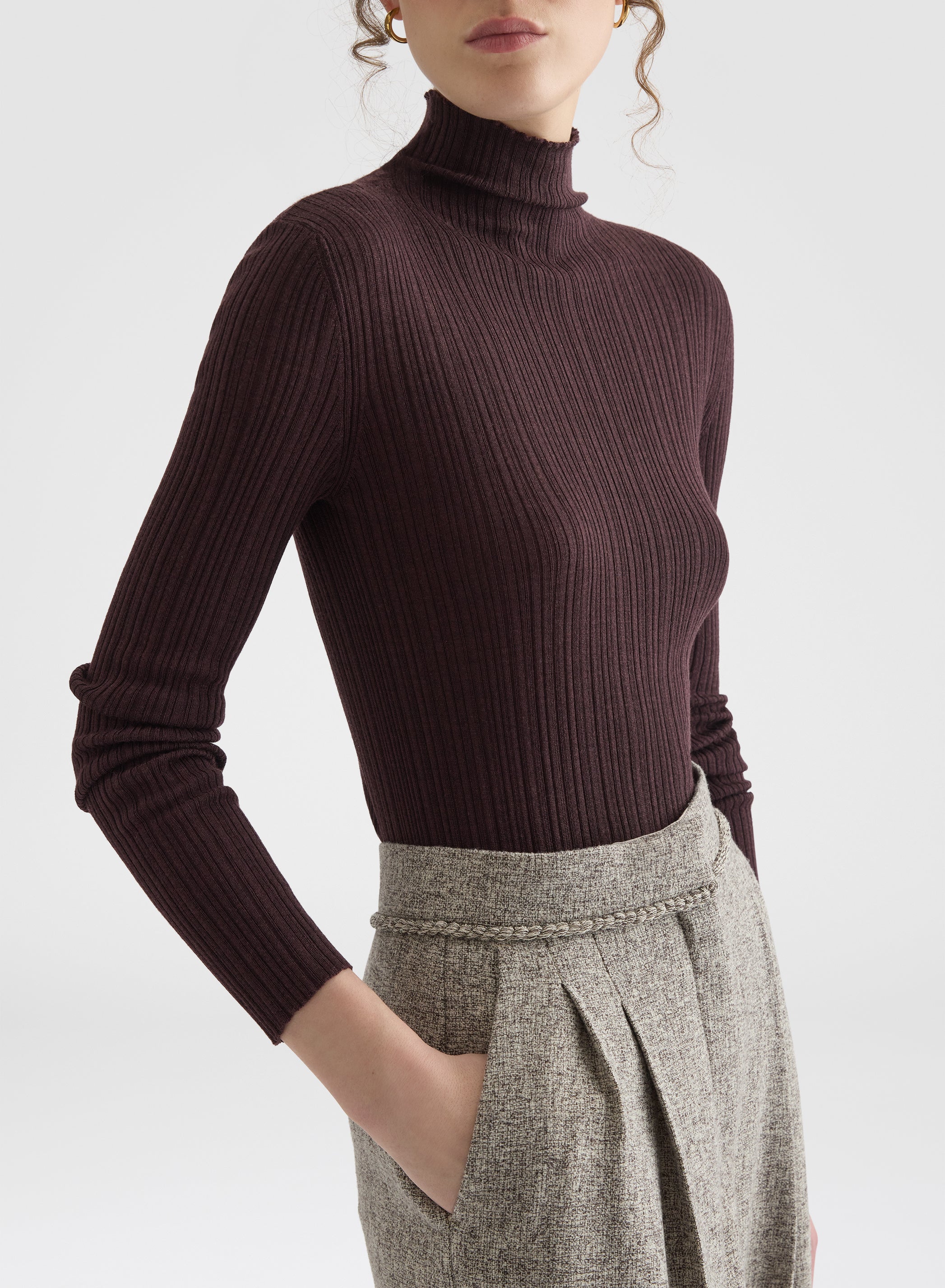 CASHMERE WOOL SILK CORTECCIA STITCH TURTLENECK BURGUNDY
