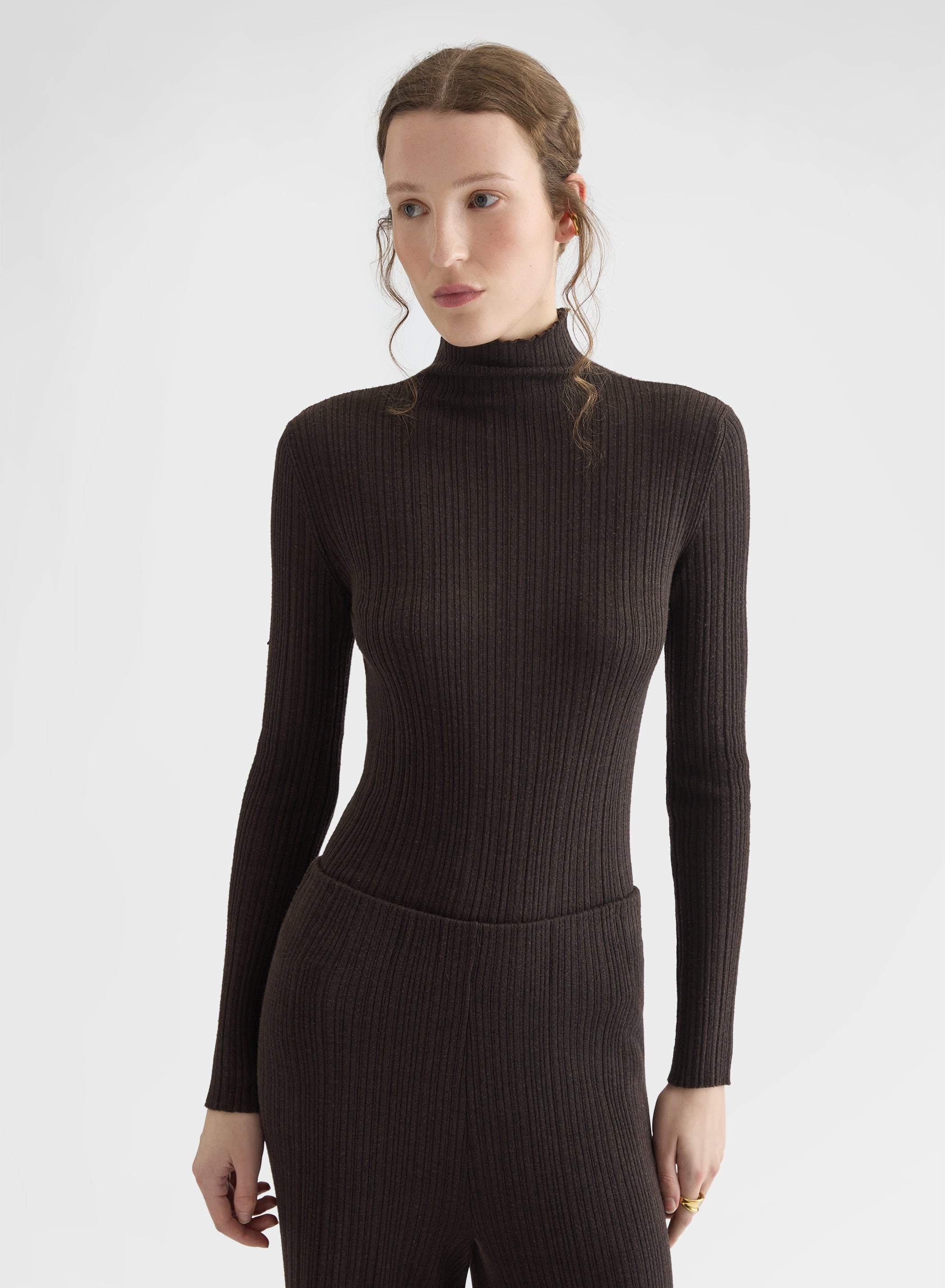 CASHMERE WOOL SILK CORTECCIA STITCH TURTLENECK EBONY