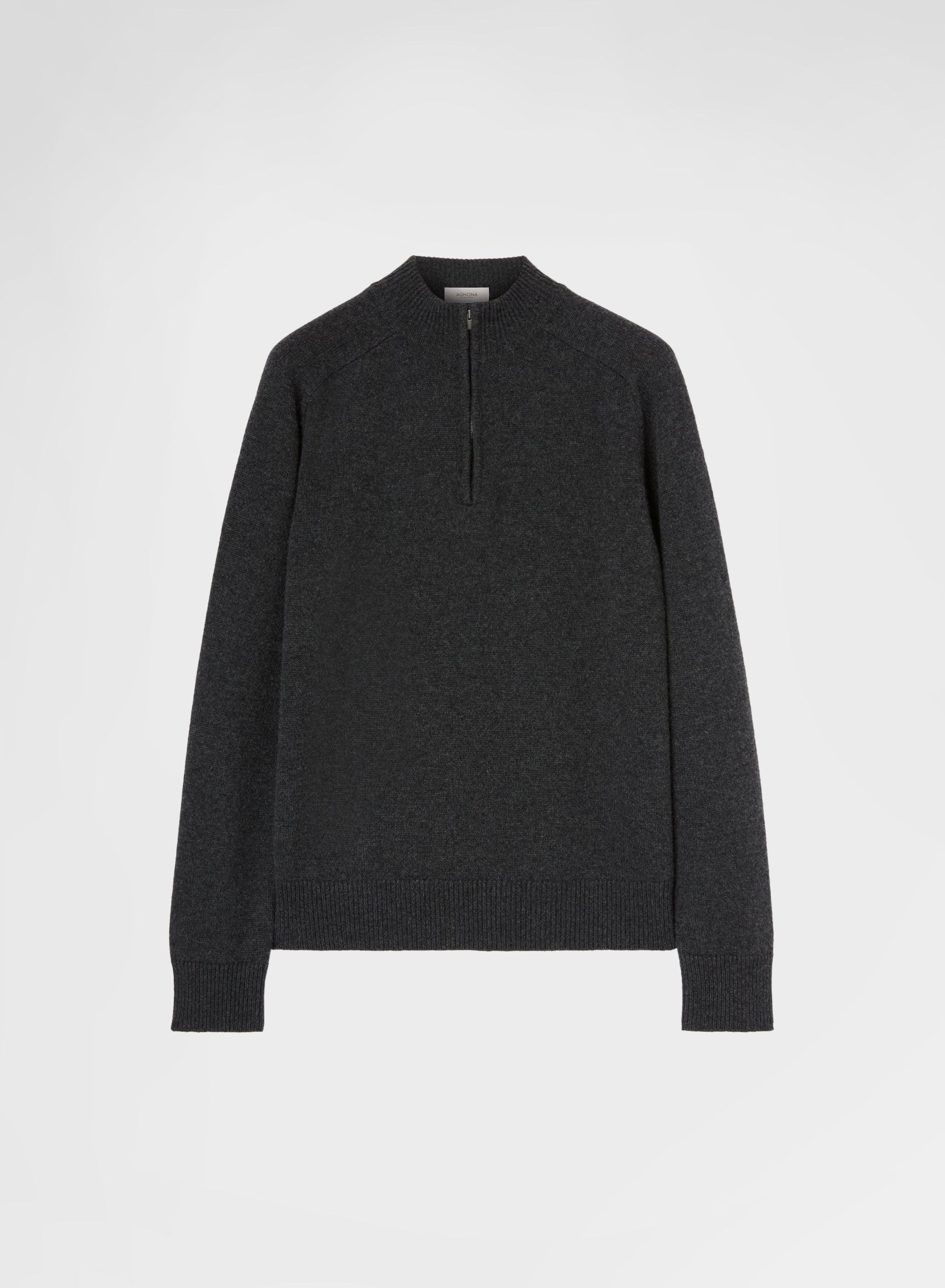 CASHMERE PLAIN KNIT HIGH NECK HALF ZIP SWEATER CHARCOAL