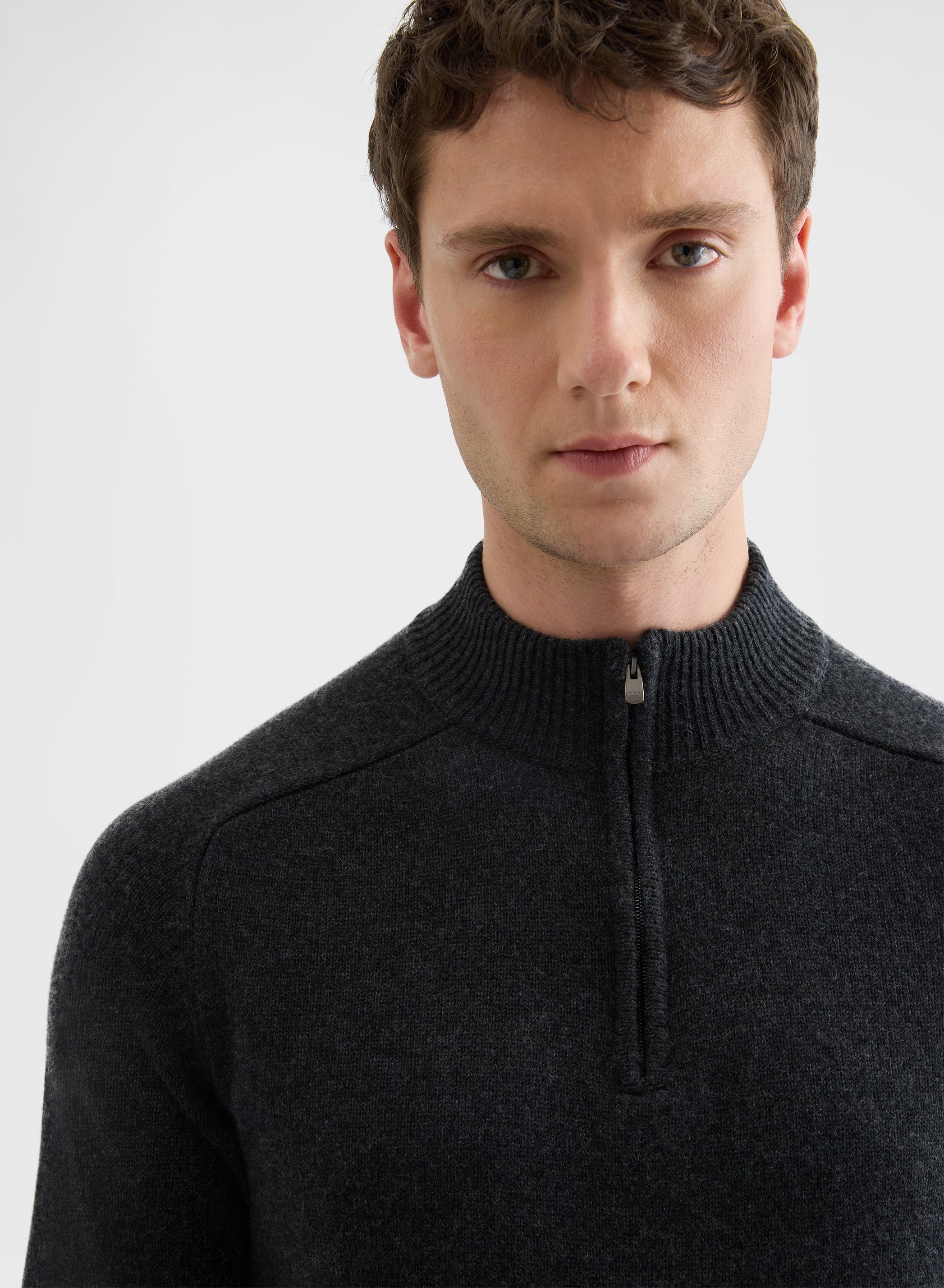 CASHMERE PLAIN KNIT HIGH NECK HALF ZIP SWEATER CHARCOAL