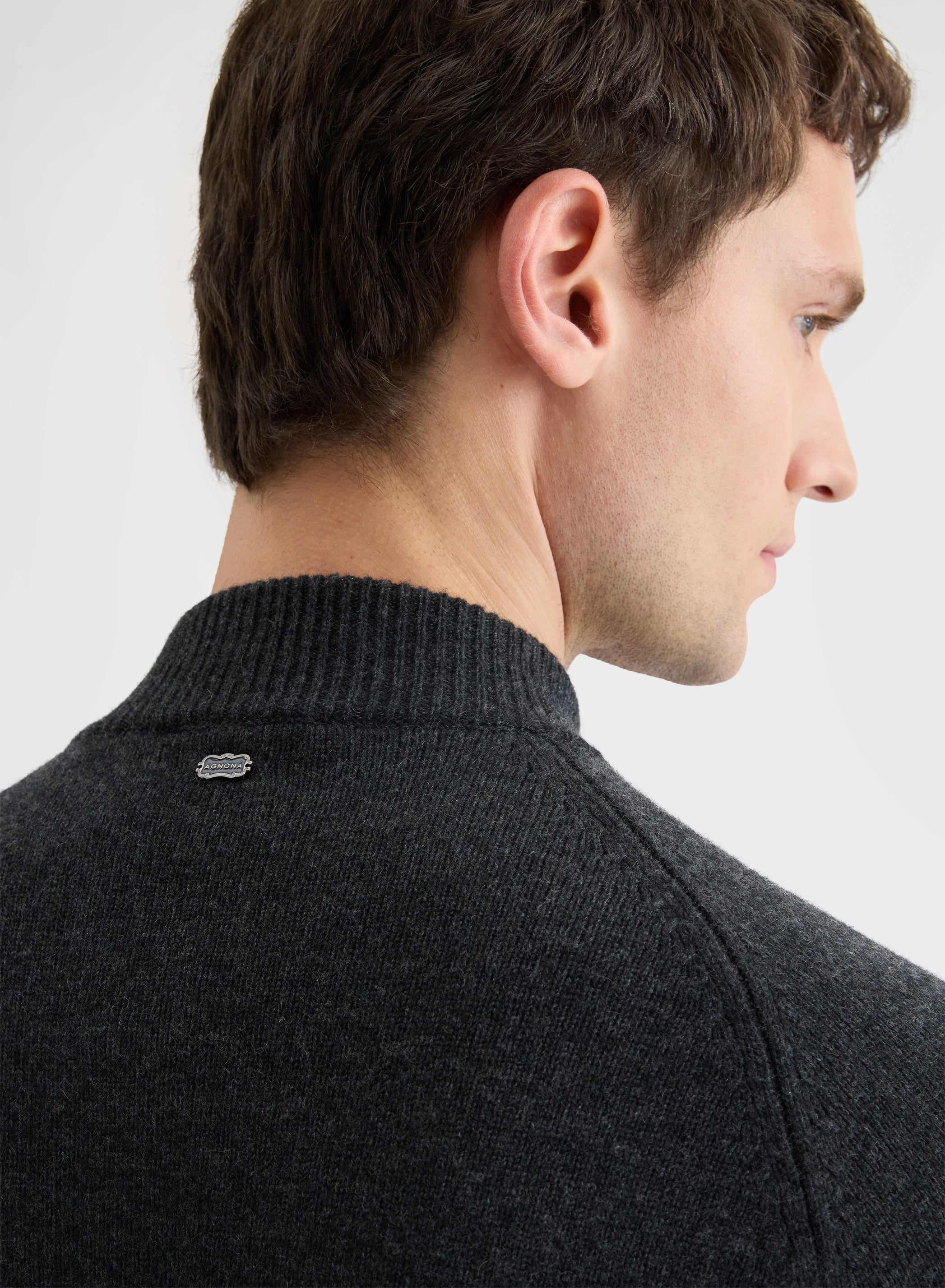 CASHMERE PLAIN KNIT HIGH NECK HALF ZIP SWEATER CHARCOAL