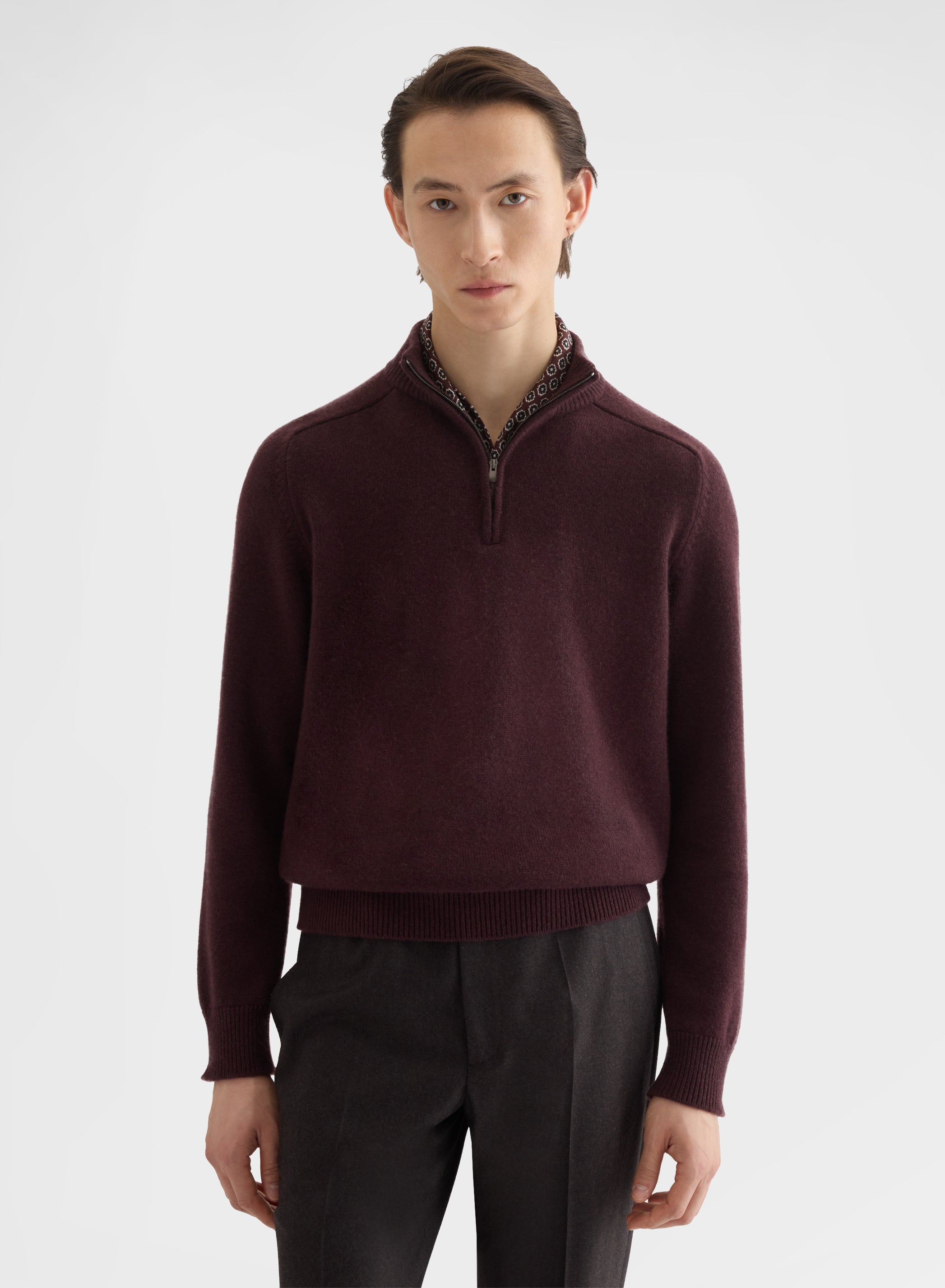 CASHMERE PLAIN KNIT HIGH NECK HALF ZIP SWEATER BURGUNDY