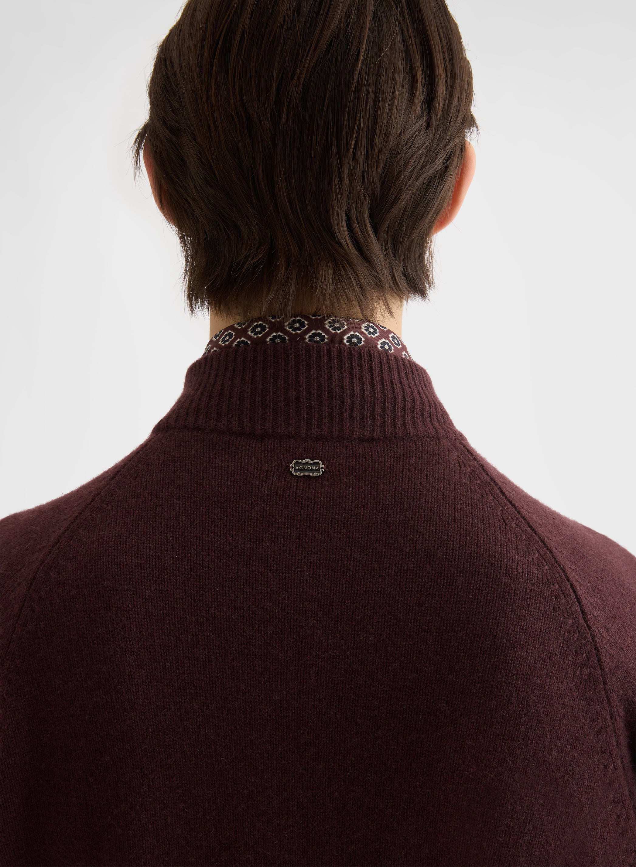 CASHMERE PLAIN KNIT HIGH NECK HALF ZIP SWEATER BURGUNDY