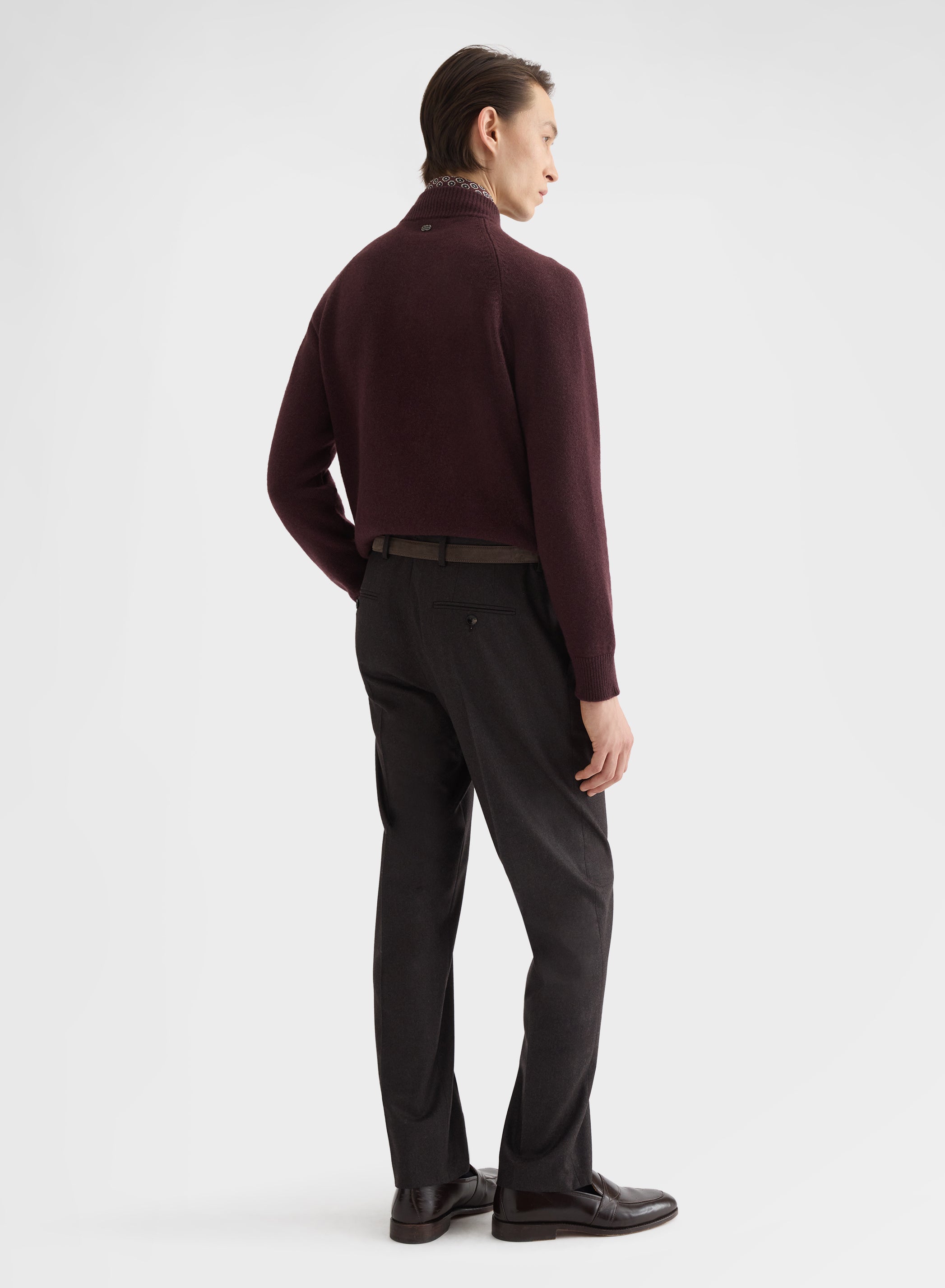 CASHMERE PLAIN KNIT HIGH NECK HALF ZIP SWEATER BURGUNDY