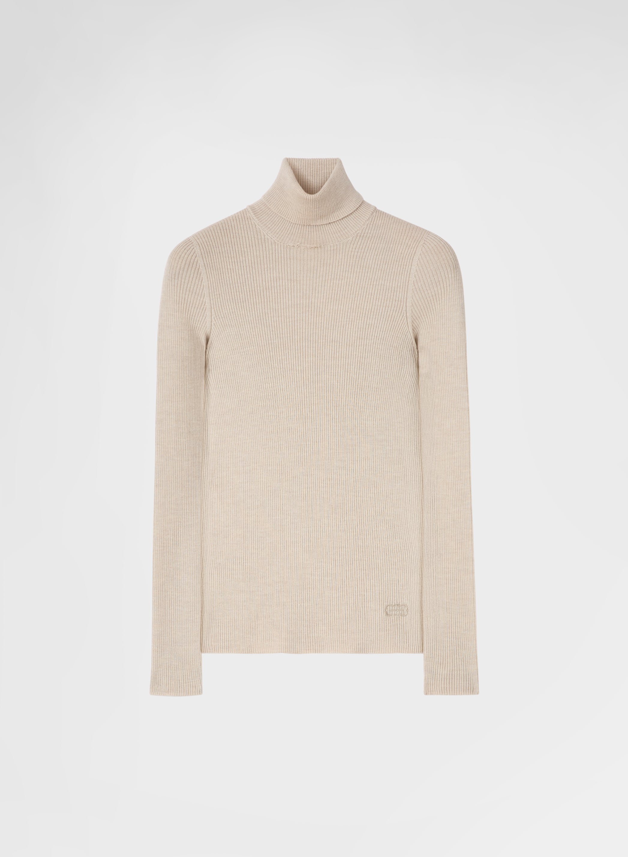 FINE WOOL SILK CASHMERE RIB TURTLENECK GREIGE