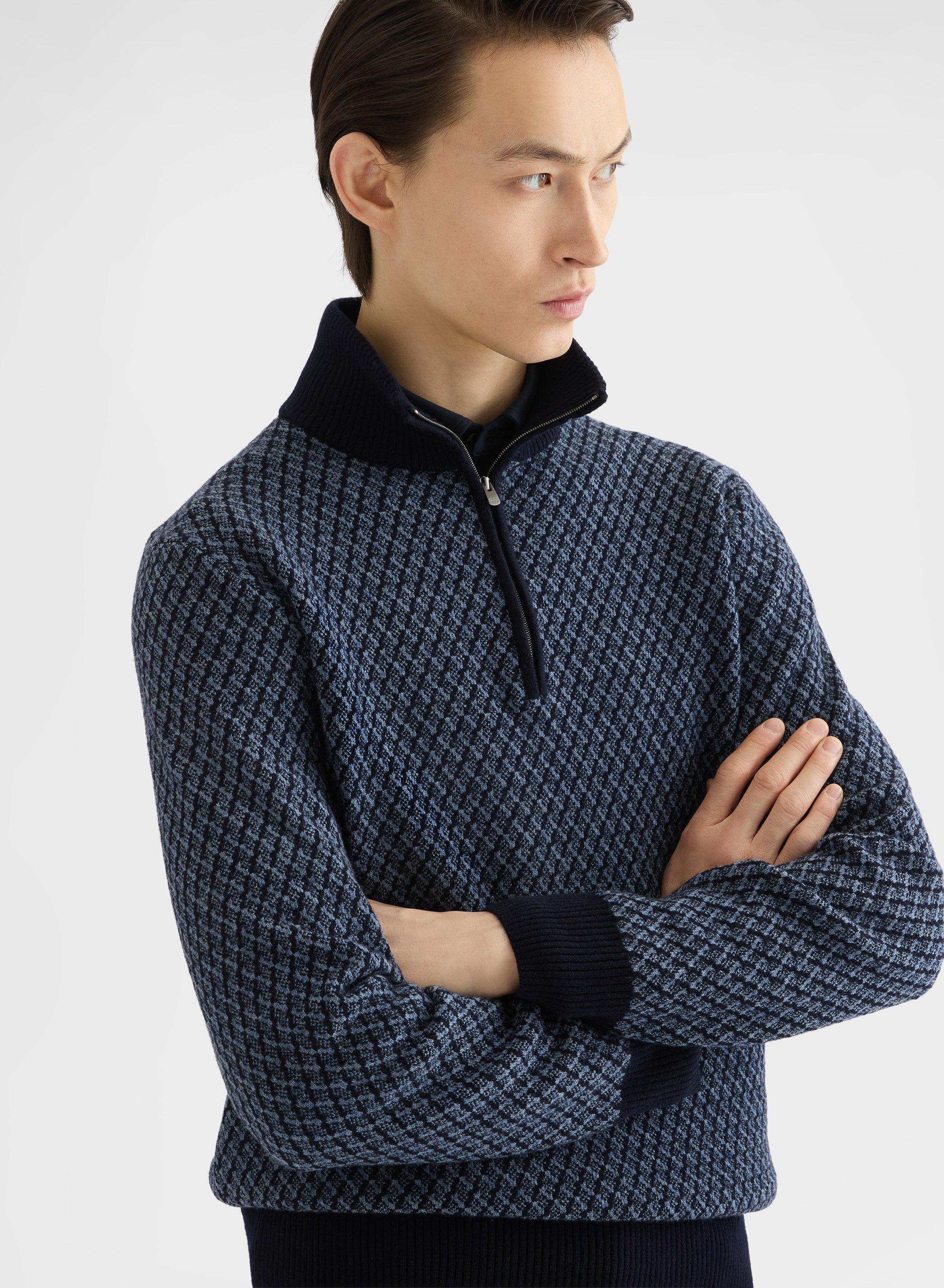 ARGYLE JACQUARD HIGH NECK HALF ZIP SWEATER NIGHT