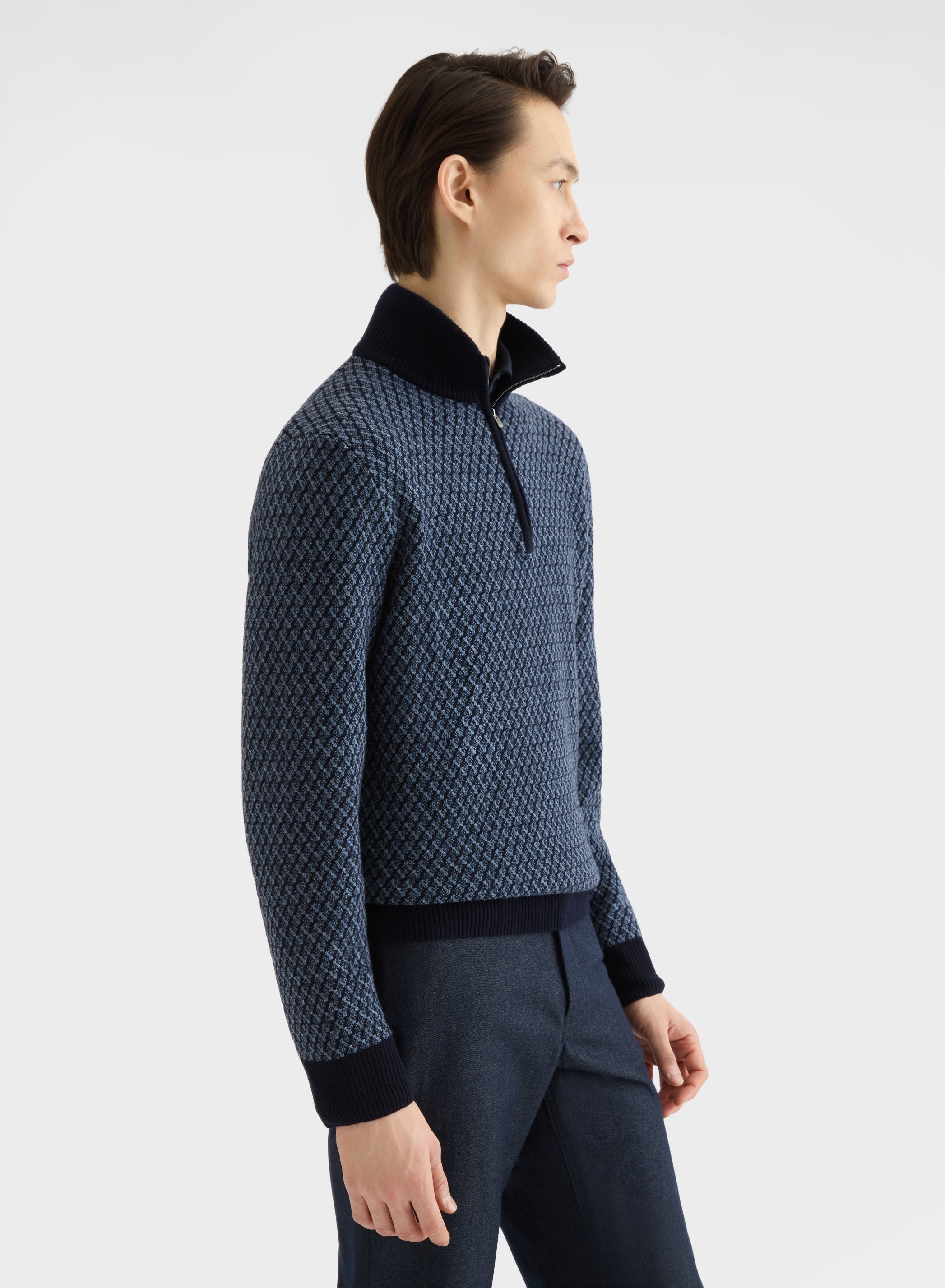 ARGYLE JACQUARD HIGH NECK HALF ZIP SWEATER NIGHT
