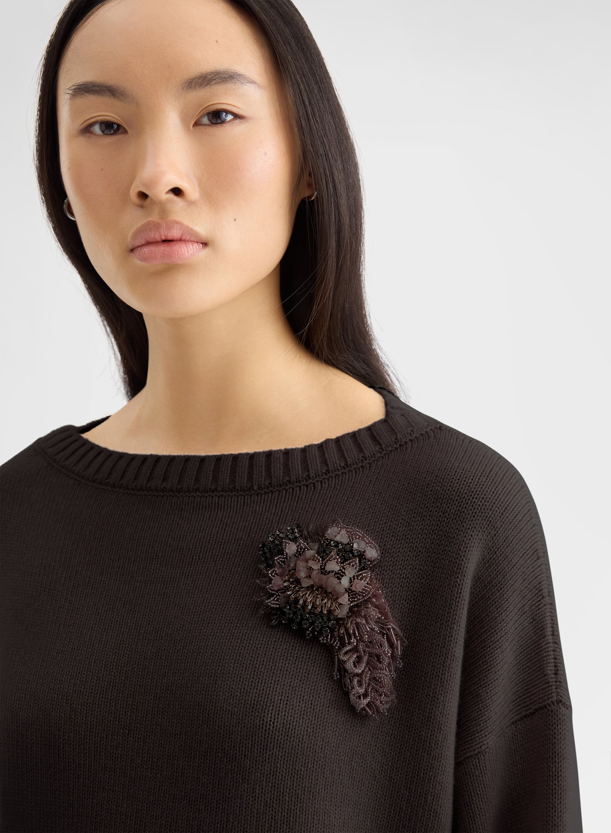 CASHMERE PLAIN KNIT BOAT NECK SWEATER EBONY
