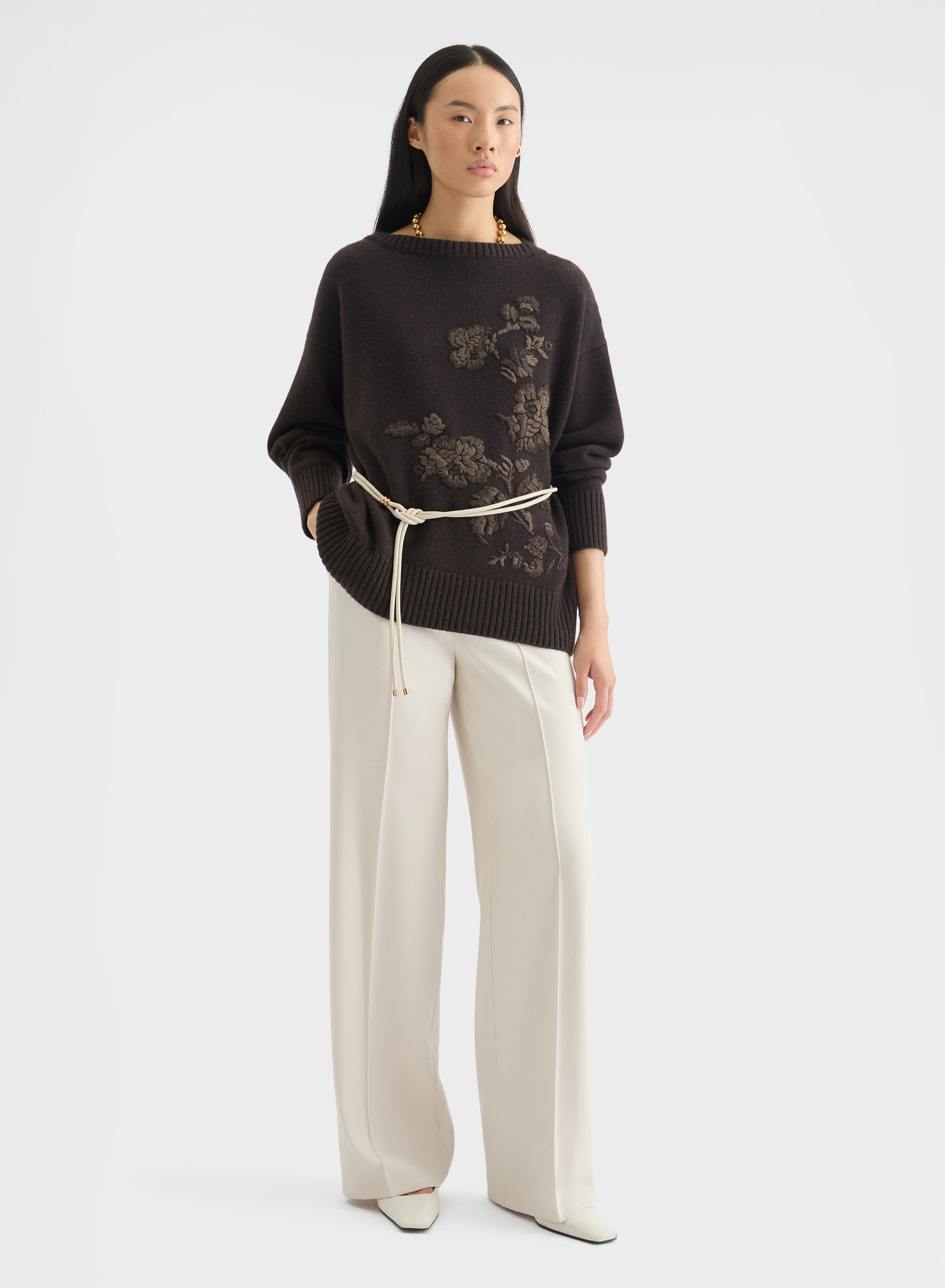 CASHMERE PLAIN KNIT BOAT NECK SWEATER EBONY
