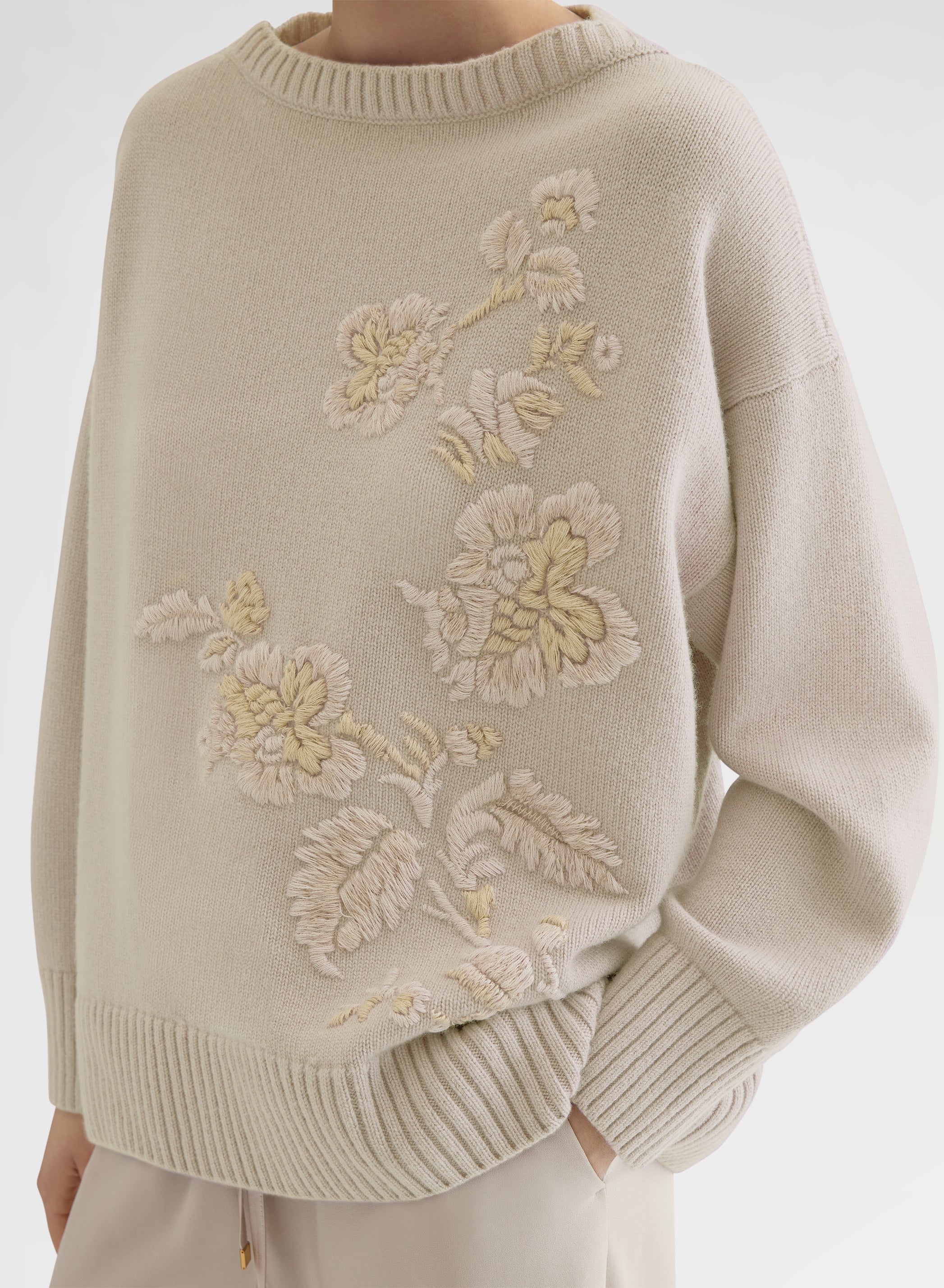 CASHMERE PLAIN KNIT BOAT NECK SWEATER GREIGE