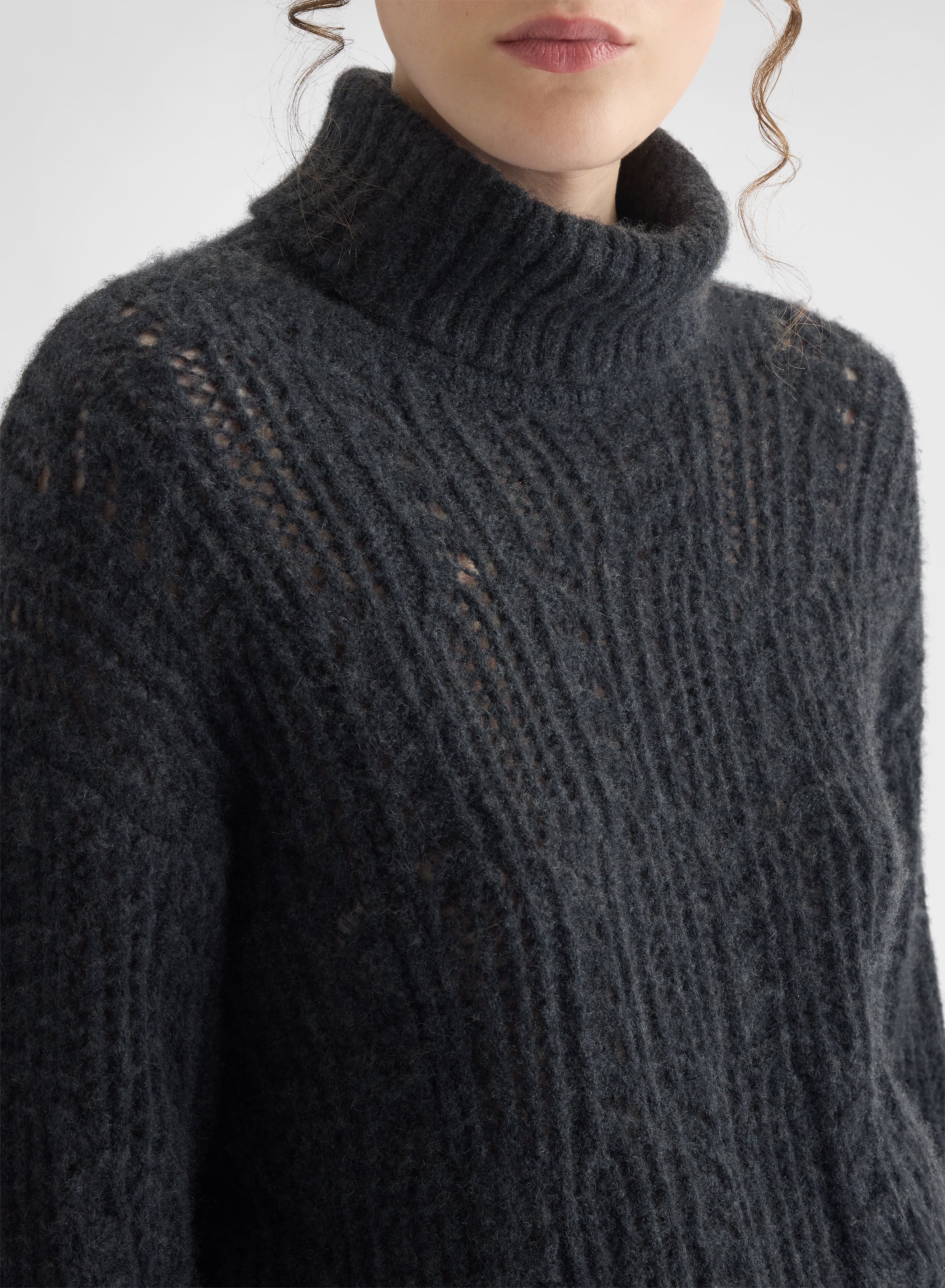 OPENWORK CASHMERE SILK TURTLENECK CHARCOAL