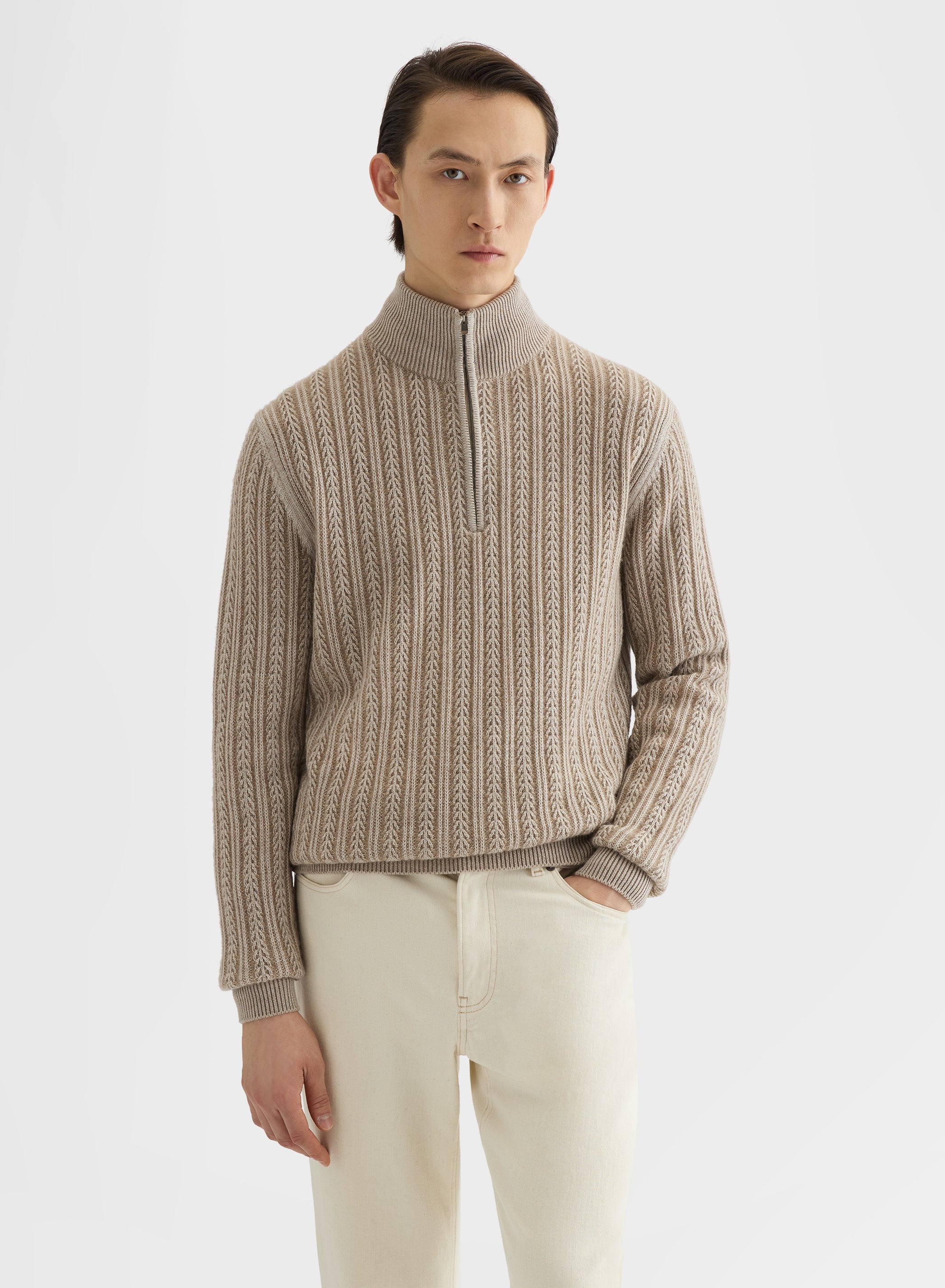 CASHMERE WOOL SILK CABLE HIGH NECK SWEATER