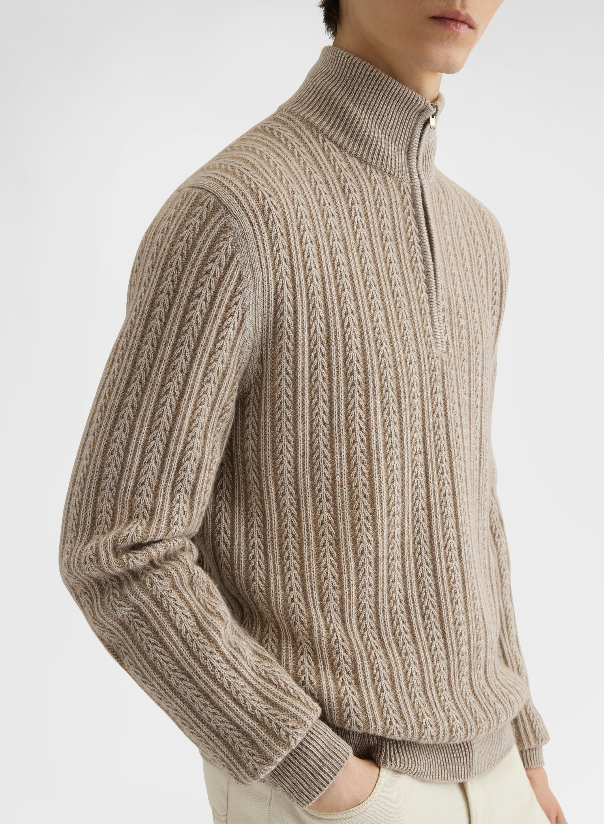 CASHMERE WOOL SILK CABLE HIGH NECK SWEATER