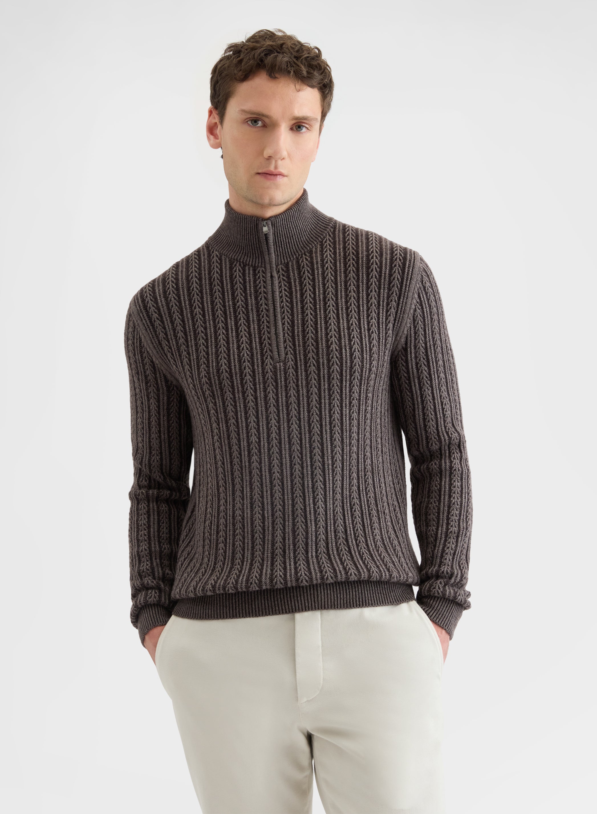 CASHMERE WOOL SILK CABLE HIGH NECK SWEATER