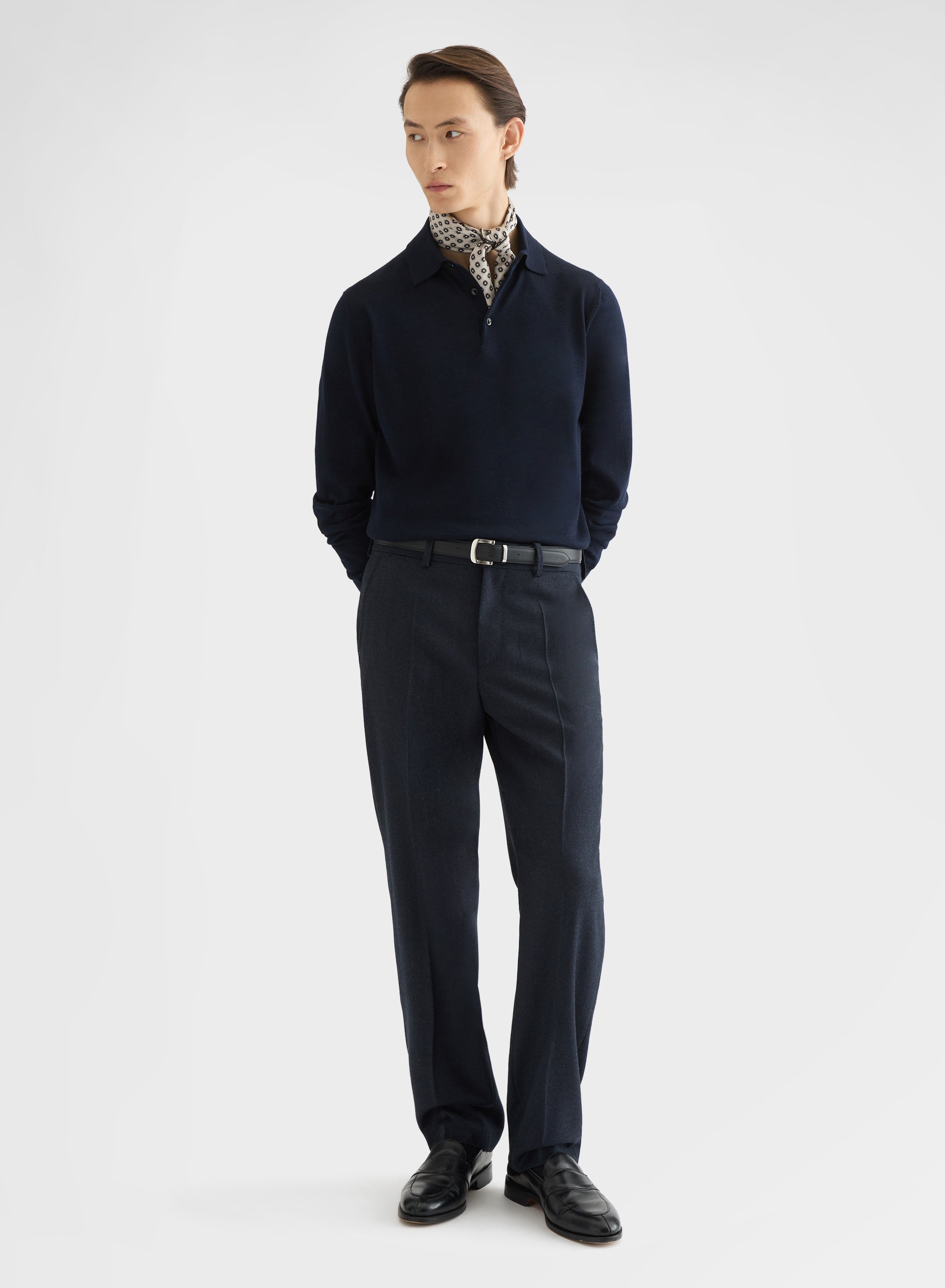 FINE WOOL SILK CASHMERE LONG SLEEVE POLO NIGHT