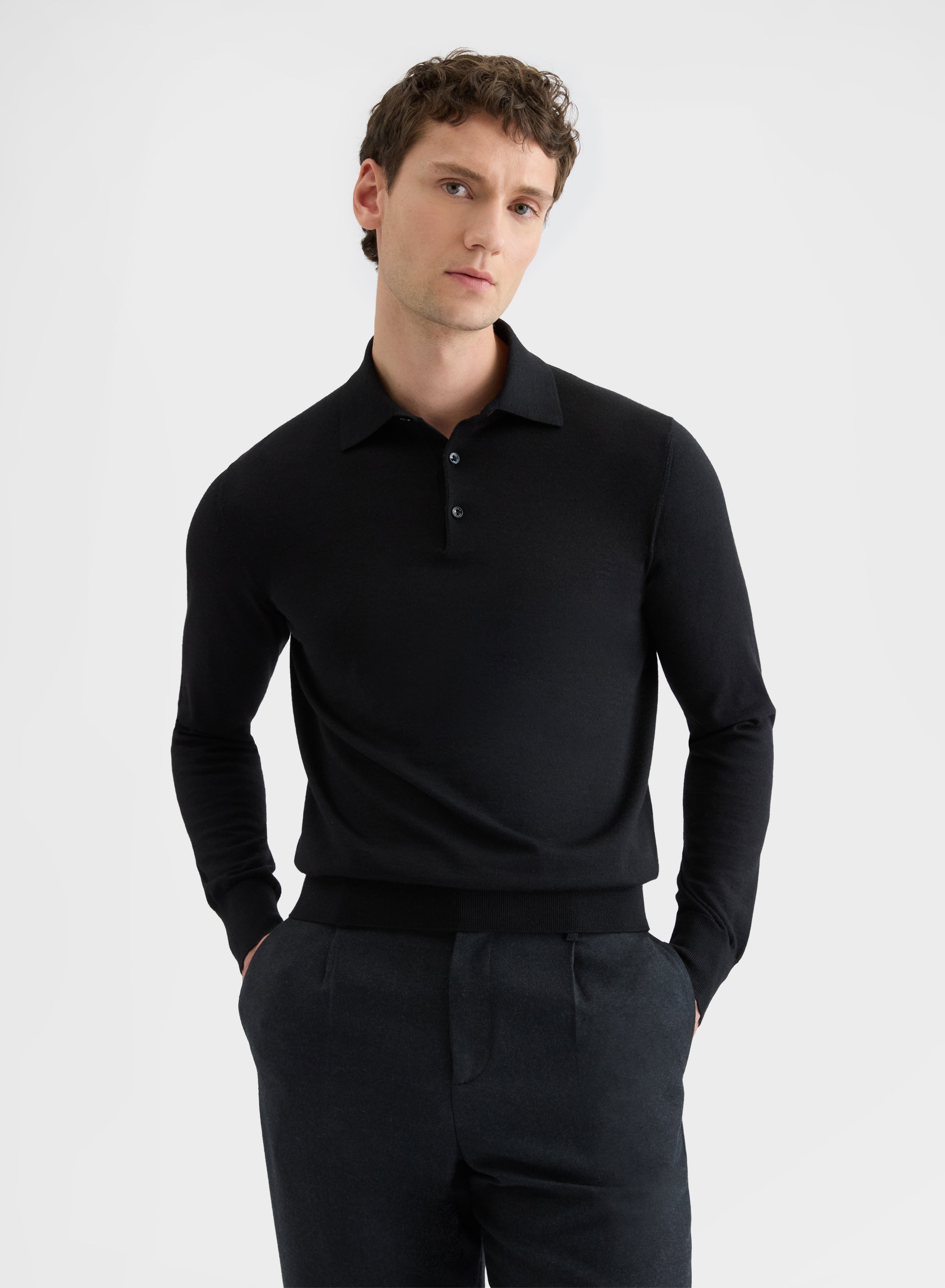 FINE WOOL SILK CASHMERE LONG SLEEVE POLO BLACK