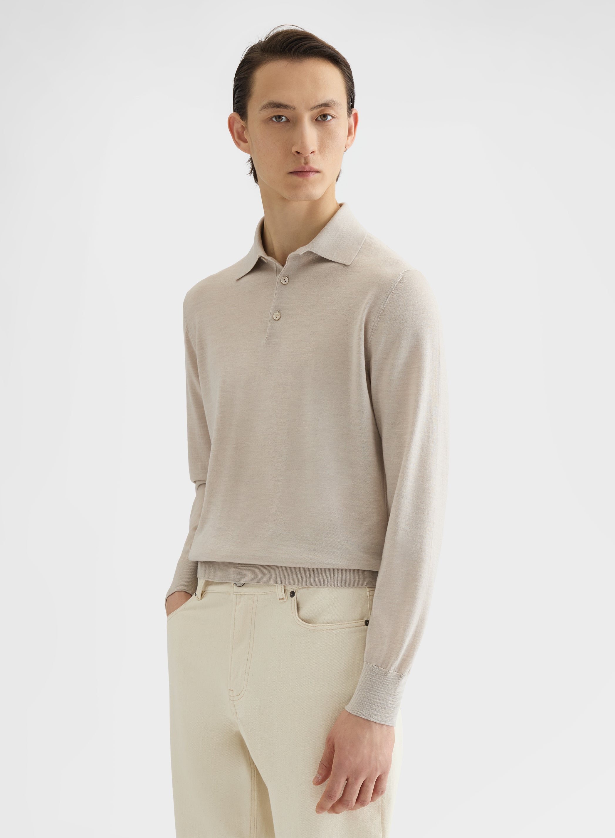 FINE WOOL SILK CASHMERE LONG SLEEVE POLO GREIGE