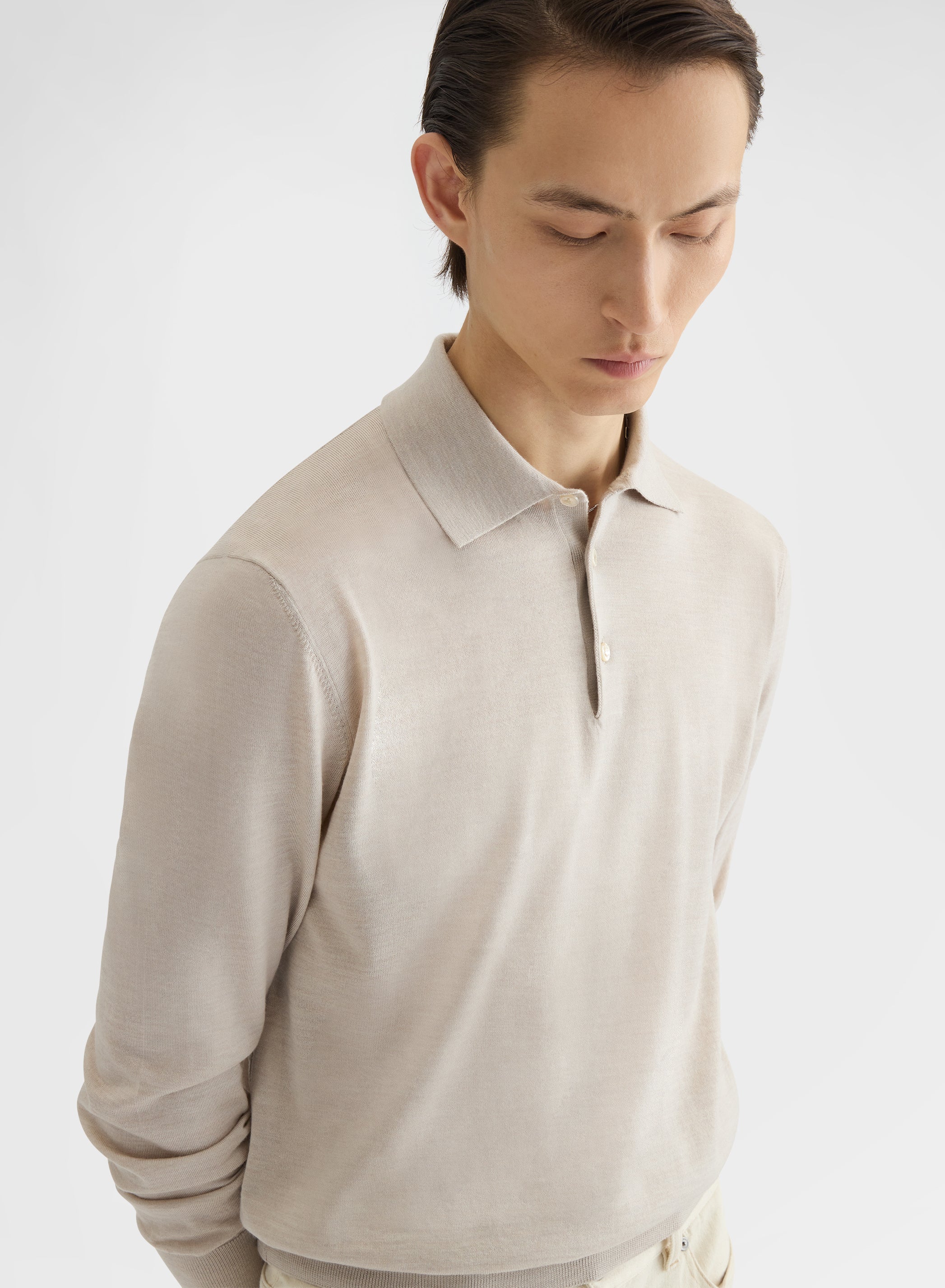 FINE WOOL SILK CASHMERE LONG SLEEVE POLO GREIGE