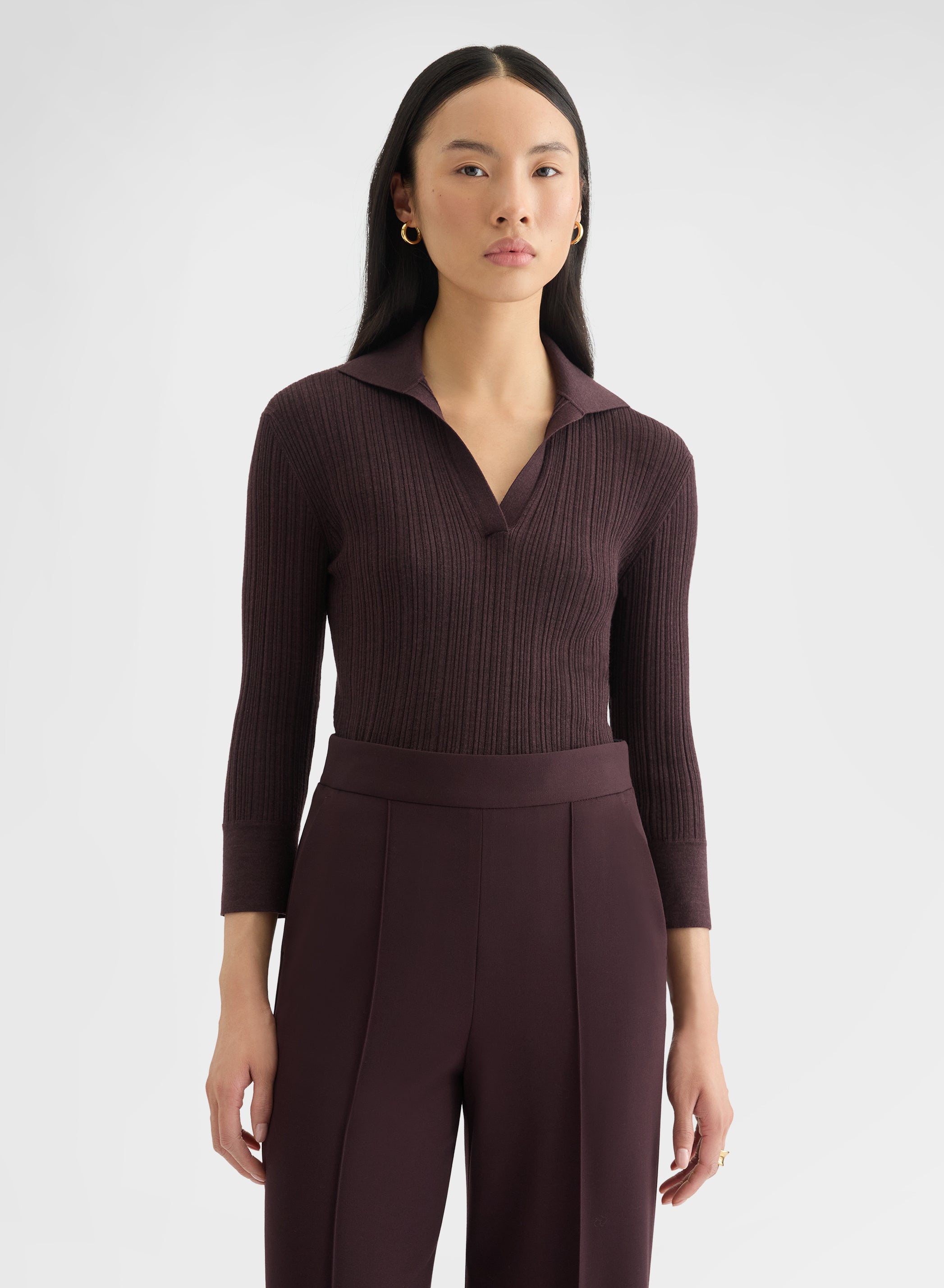 CASHMERE WOOL SILK CORTECCIA STITCH POLO BURGUNDY