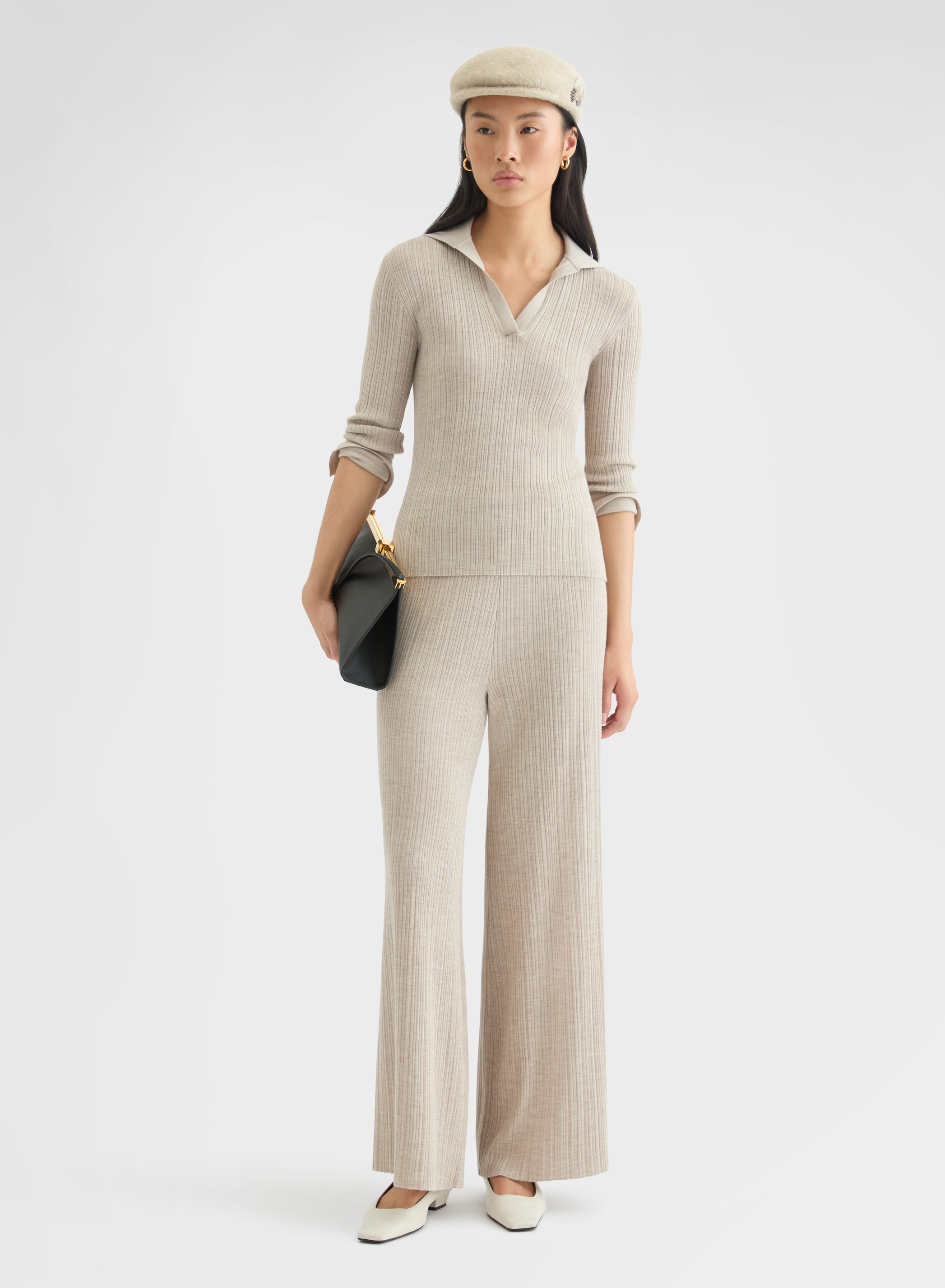 CASHMERE WOOL SILK CORTECCIA STITCH POLO GREIGE
