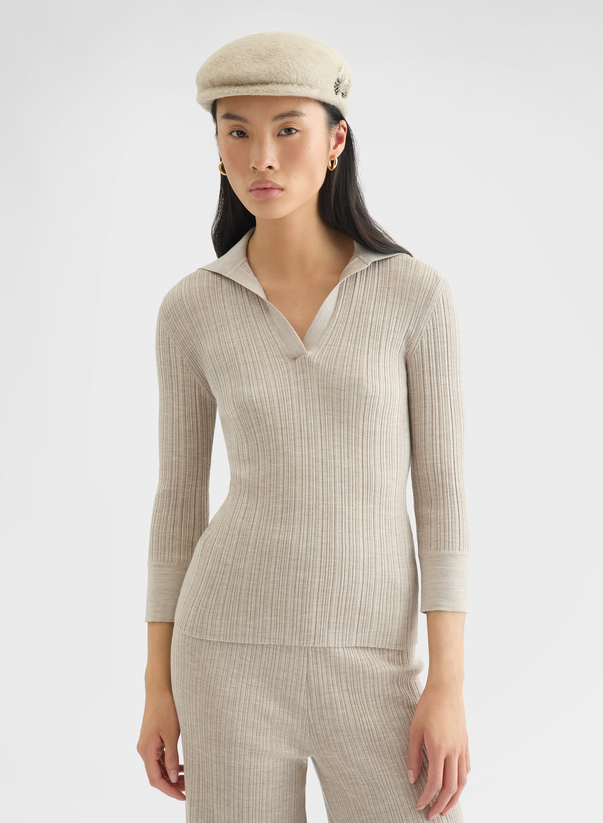 CASHMERE WOOL SILK CORTECCIA STITCH POLO GREIGE