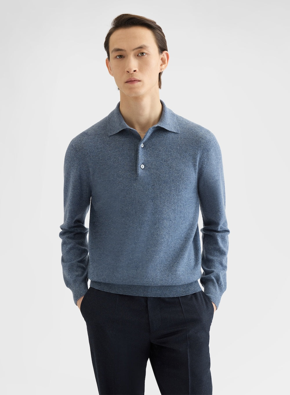 CASHMERE PLAIN KNIT LONG SLEEVE POLO LIGHT BLUE