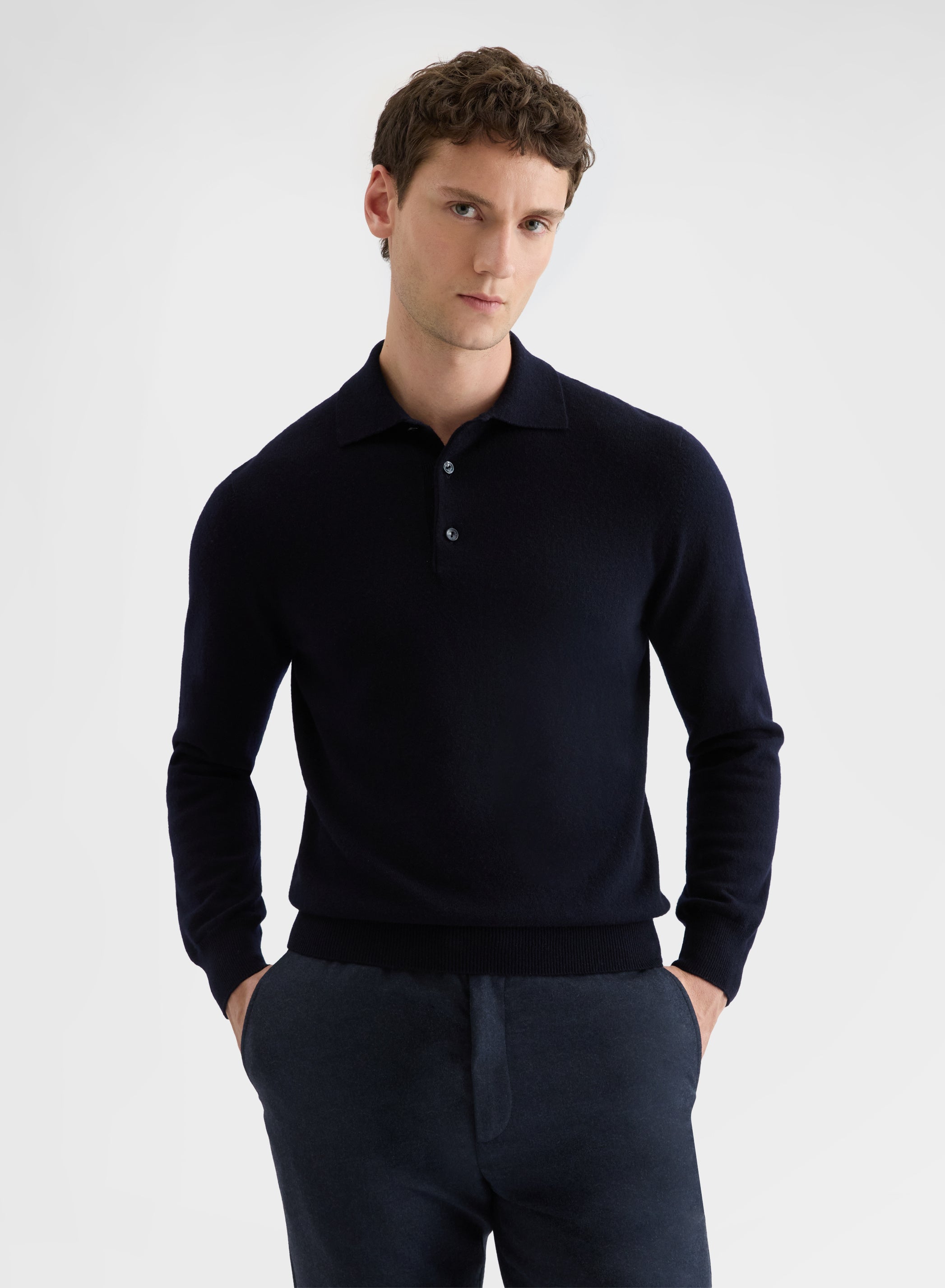 CASHMERE PLAIN KNIT LONG SLEEVE POLO NIGHT