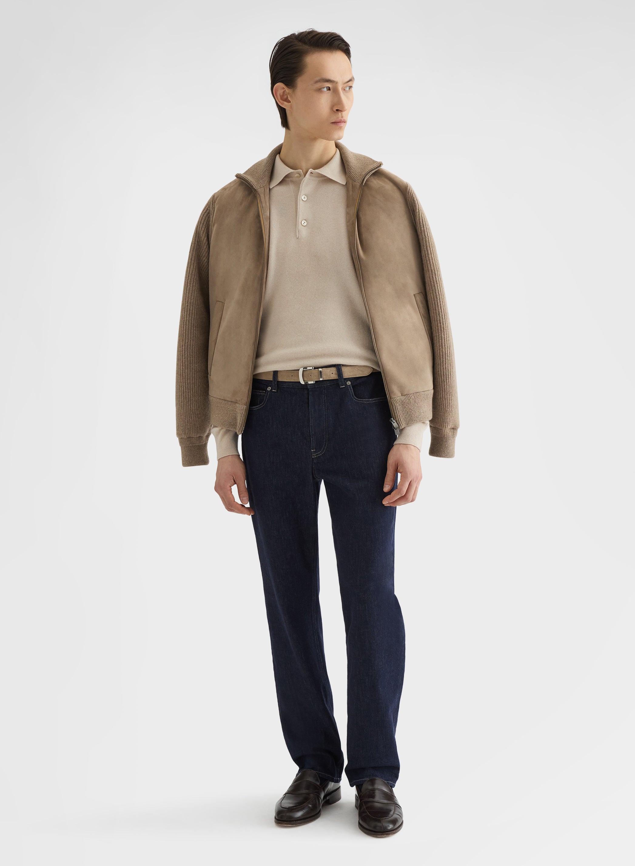 CASHMERE PLAIN KNIT LONG SLEEVE POLO GREIGE