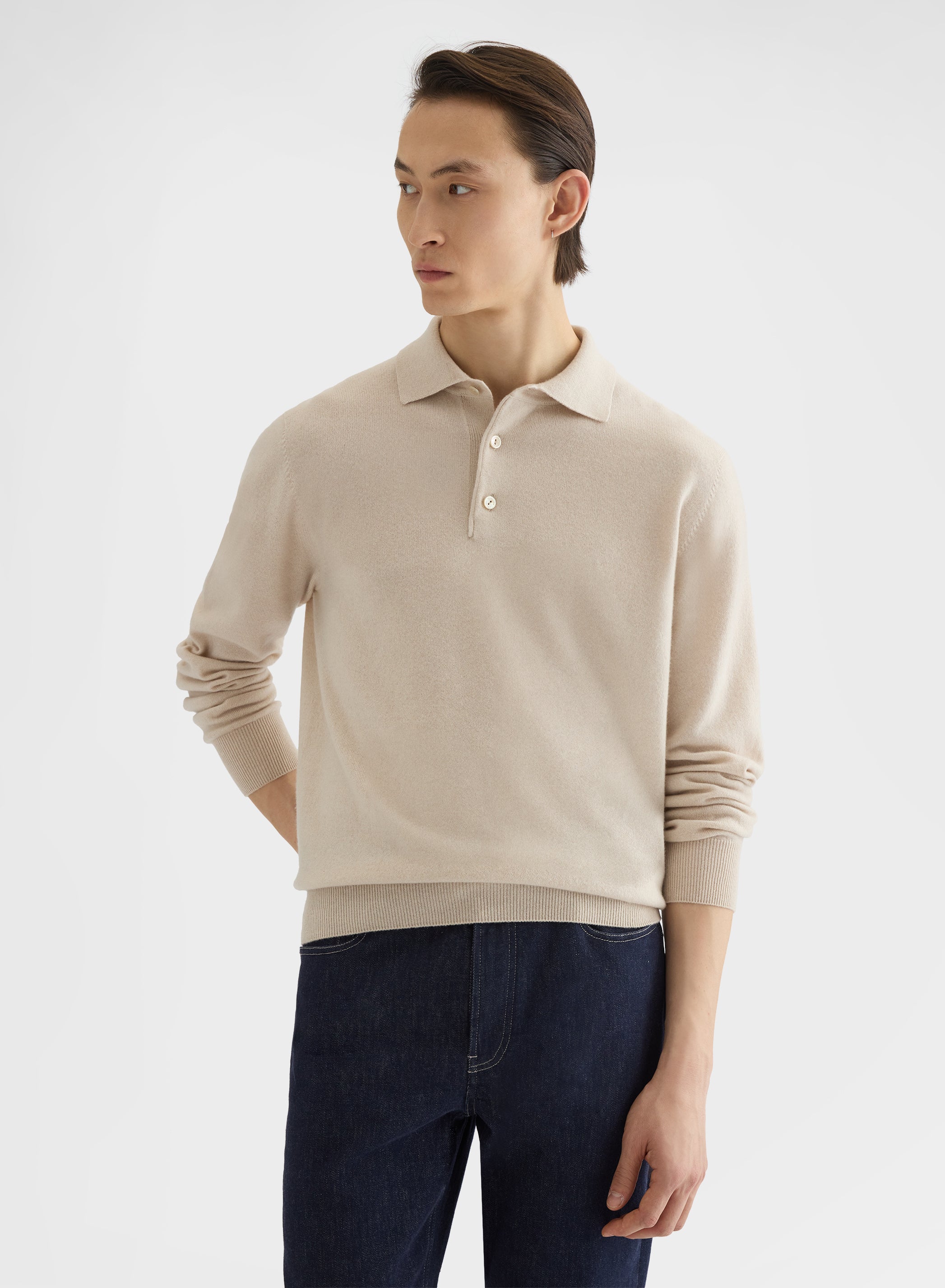 CASHMERE PLAIN KNIT LONG SLEEVE POLO GREIGE