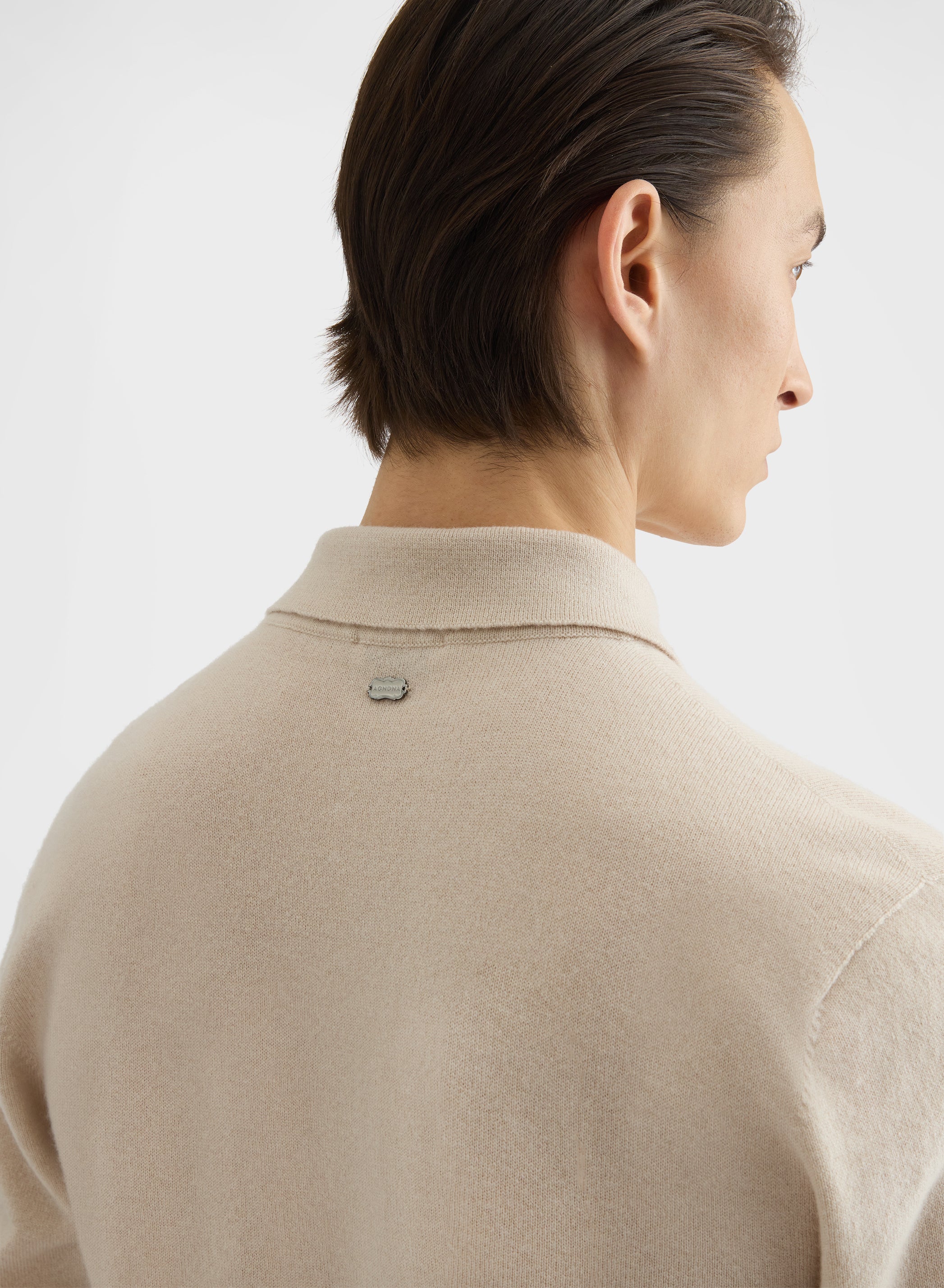CASHMERE PLAIN KNIT LONG SLEEVE POLO GREIGE