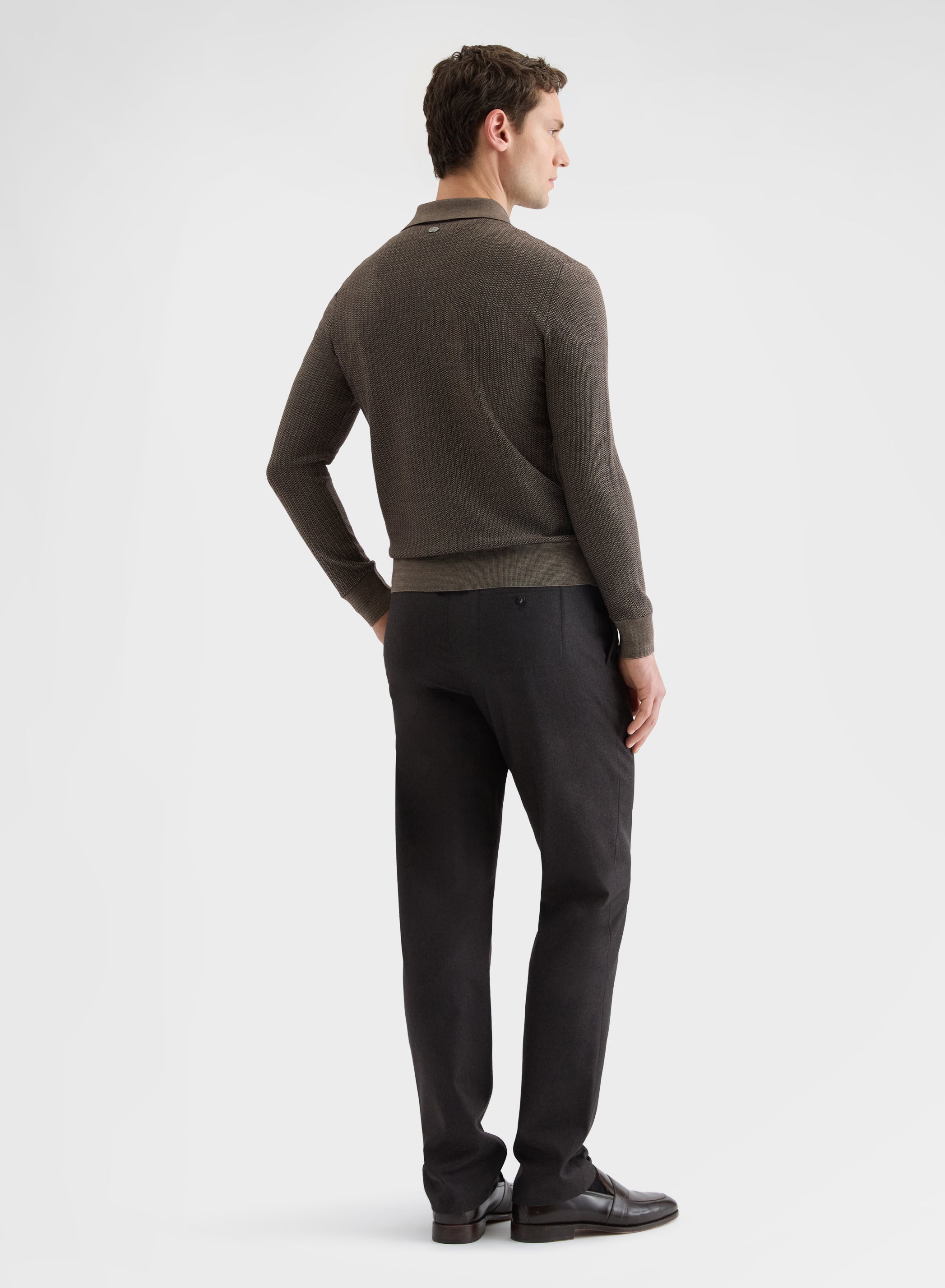 FINE JACQUARD LONG SLEEVE POLO BROWN