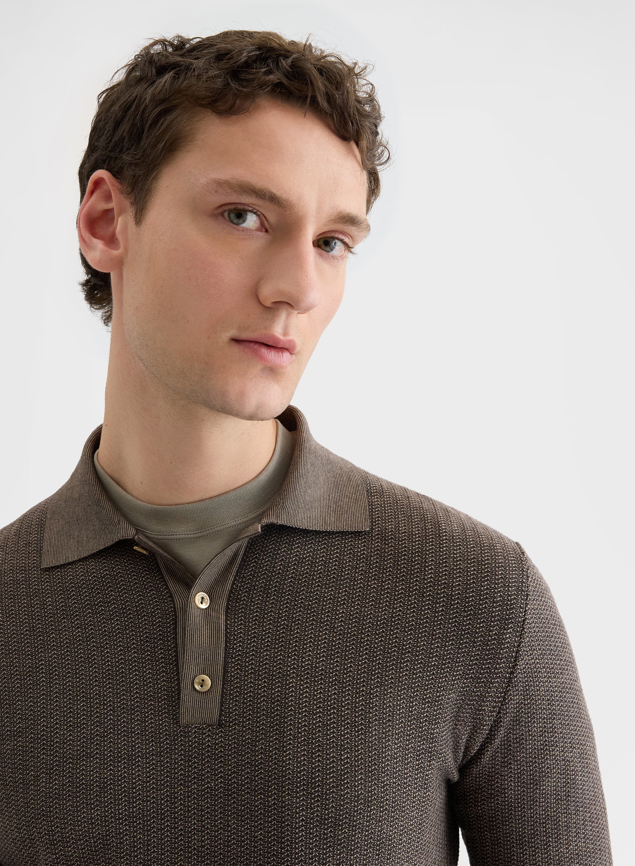 FINE JACQUARD LONG SLEEVE POLO BROWN