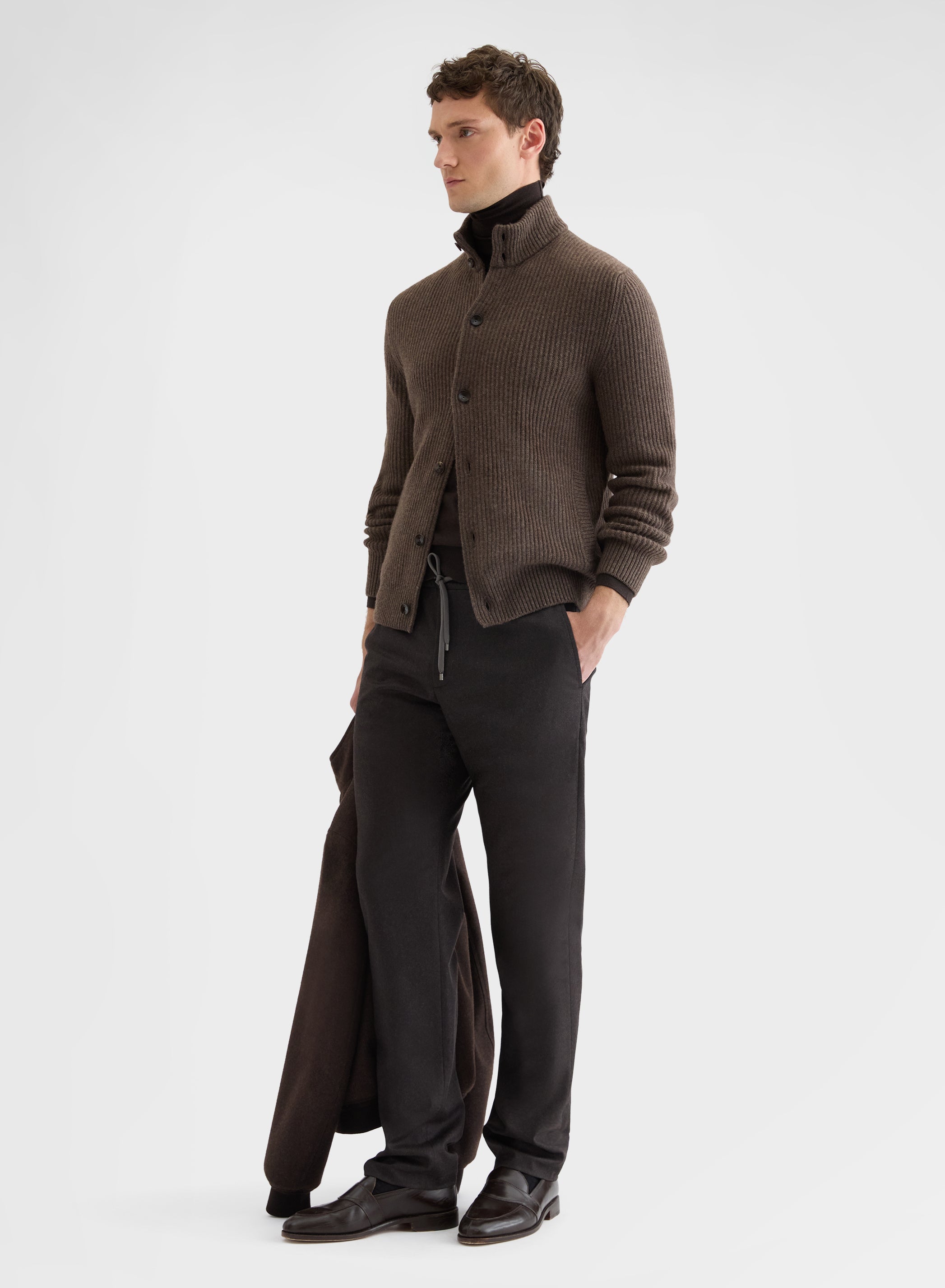 CASHMERE ENGLISH RIB CARDIGAN MOCHA