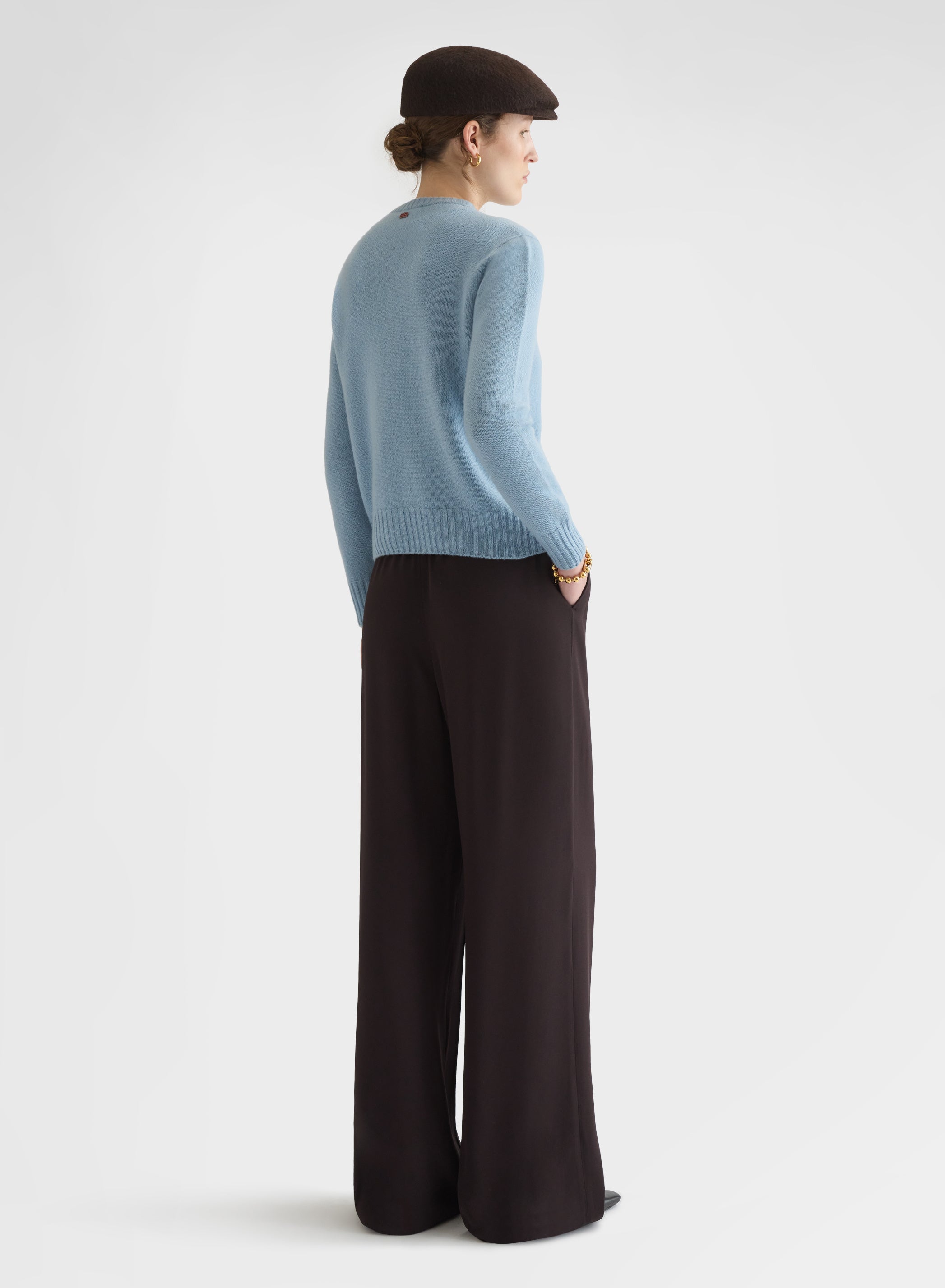 CASHMERE PLAIN KNIT LIPSTICK CREWNECK CARDIGAN DARK POWDER