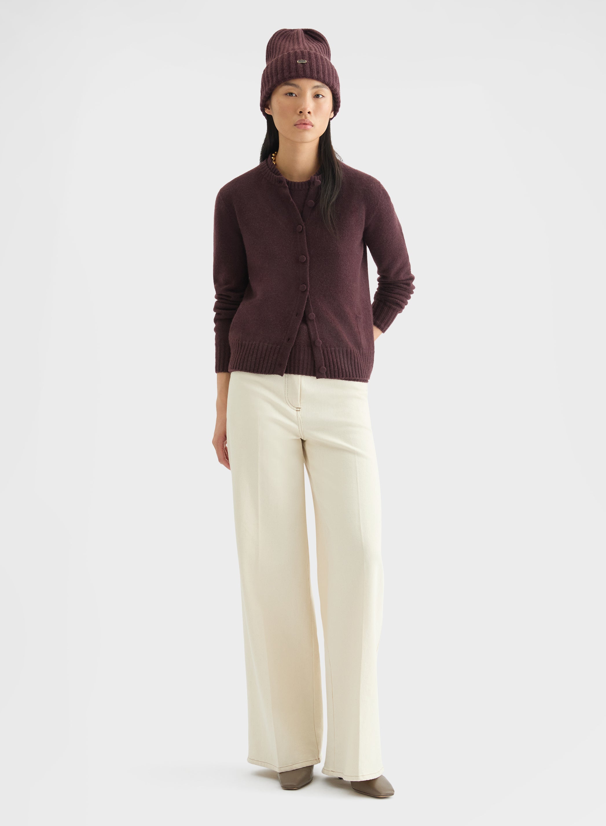 CASHMERE PLAIN KNIT LIPSTICK CREWNECK CARDIGAN BURGUNDY