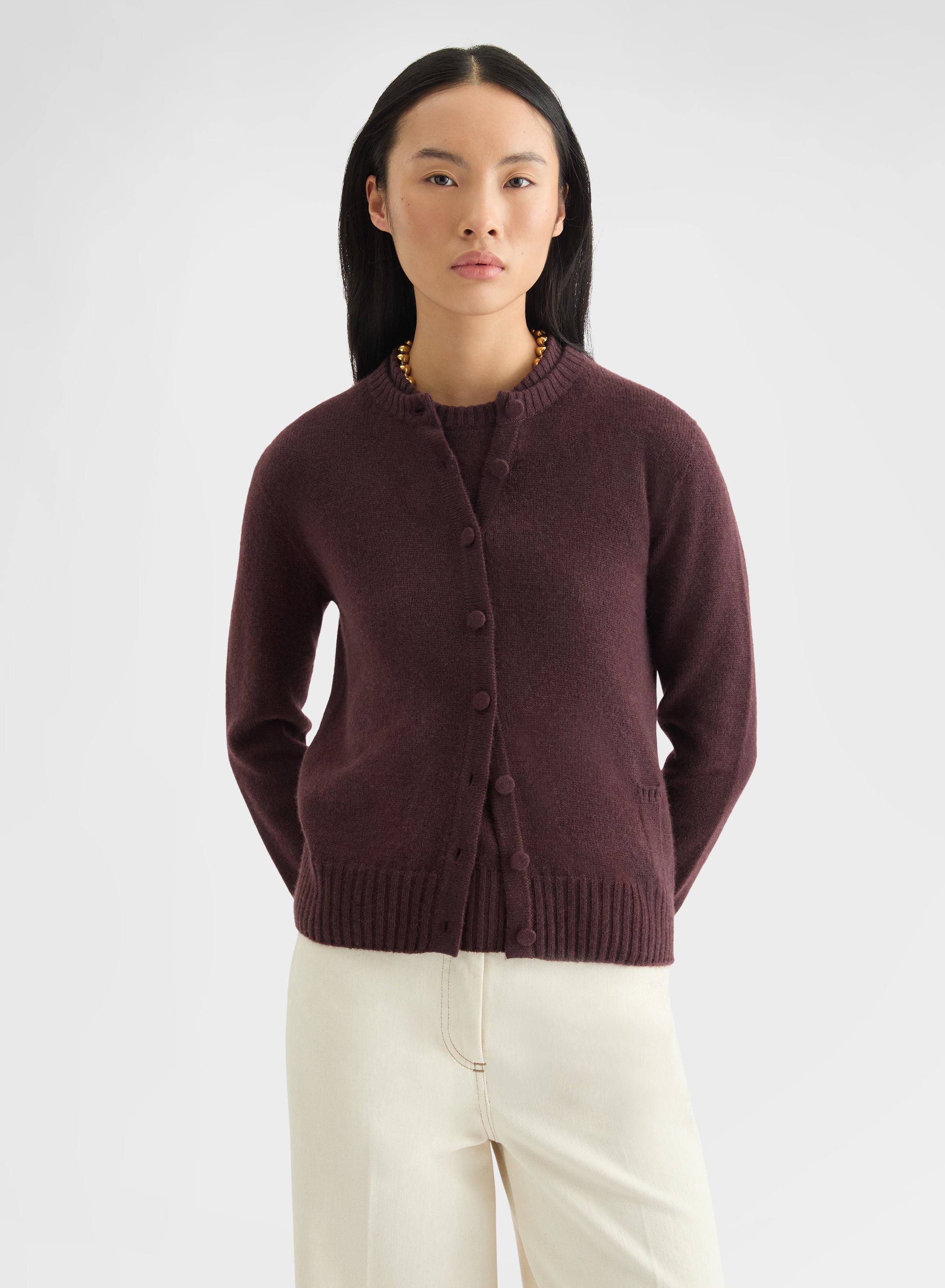 CASHMERE PLAIN KNIT LIPSTICK CREWNECK CARDIGAN BURGUNDY