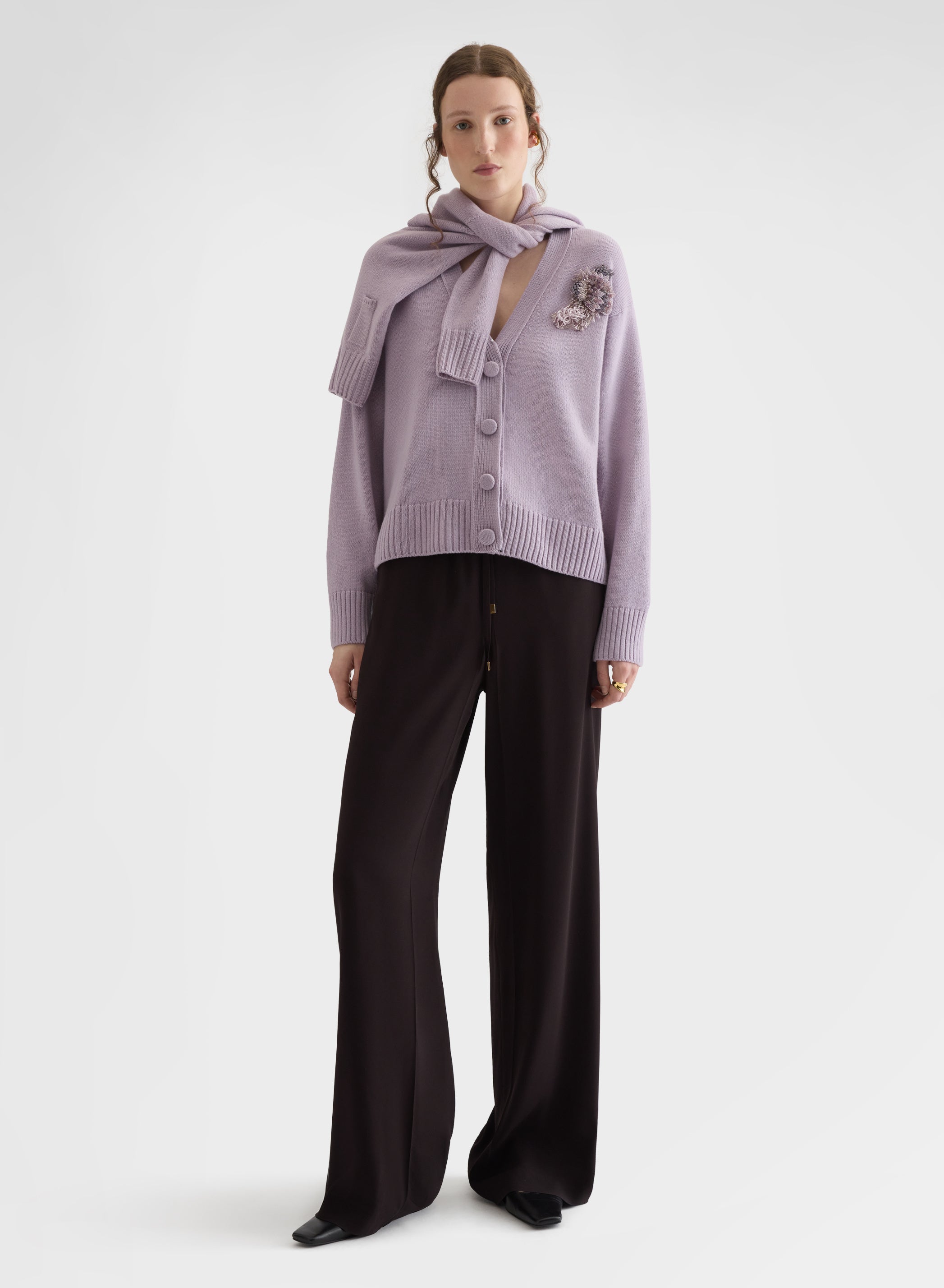CASHMERE PLAIN KNIT V-NECK CARDIGAN MAUVE