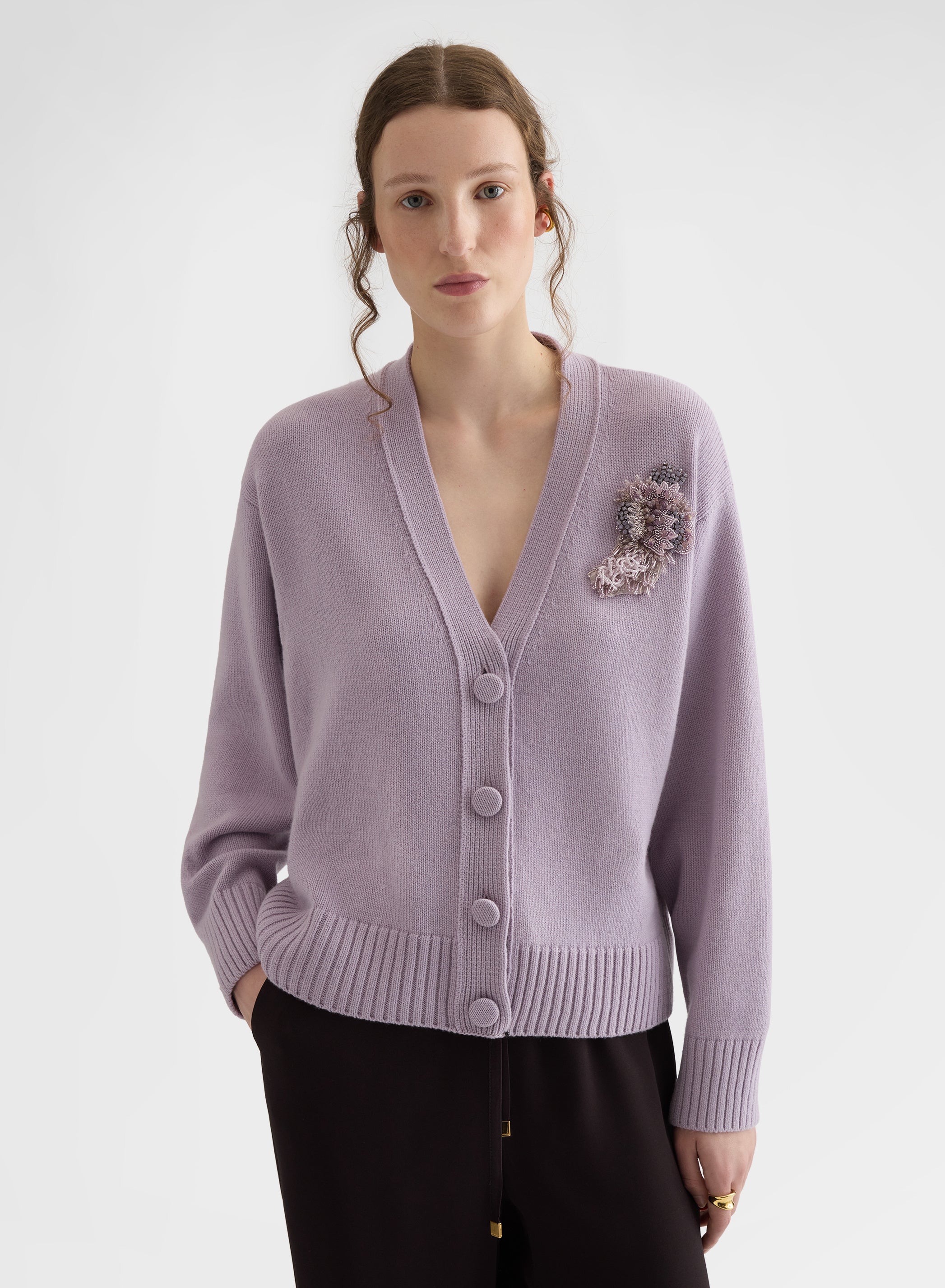 CASHMERE PLAIN KNIT V-NECK CARDIGAN MAUVE