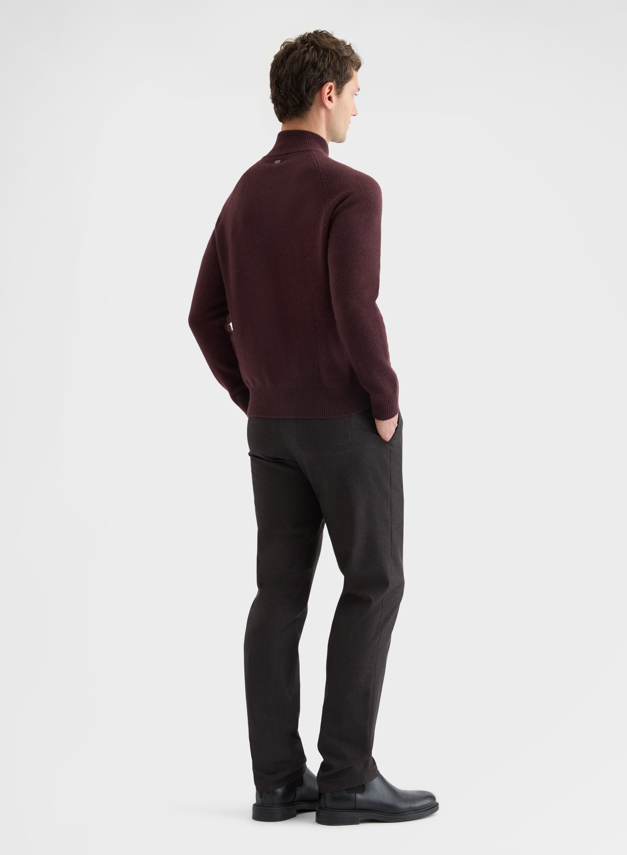 CASHMERE PLAIN KNIT HIGH NECK ZIP-THROUGH SWEATER BURGUNDY